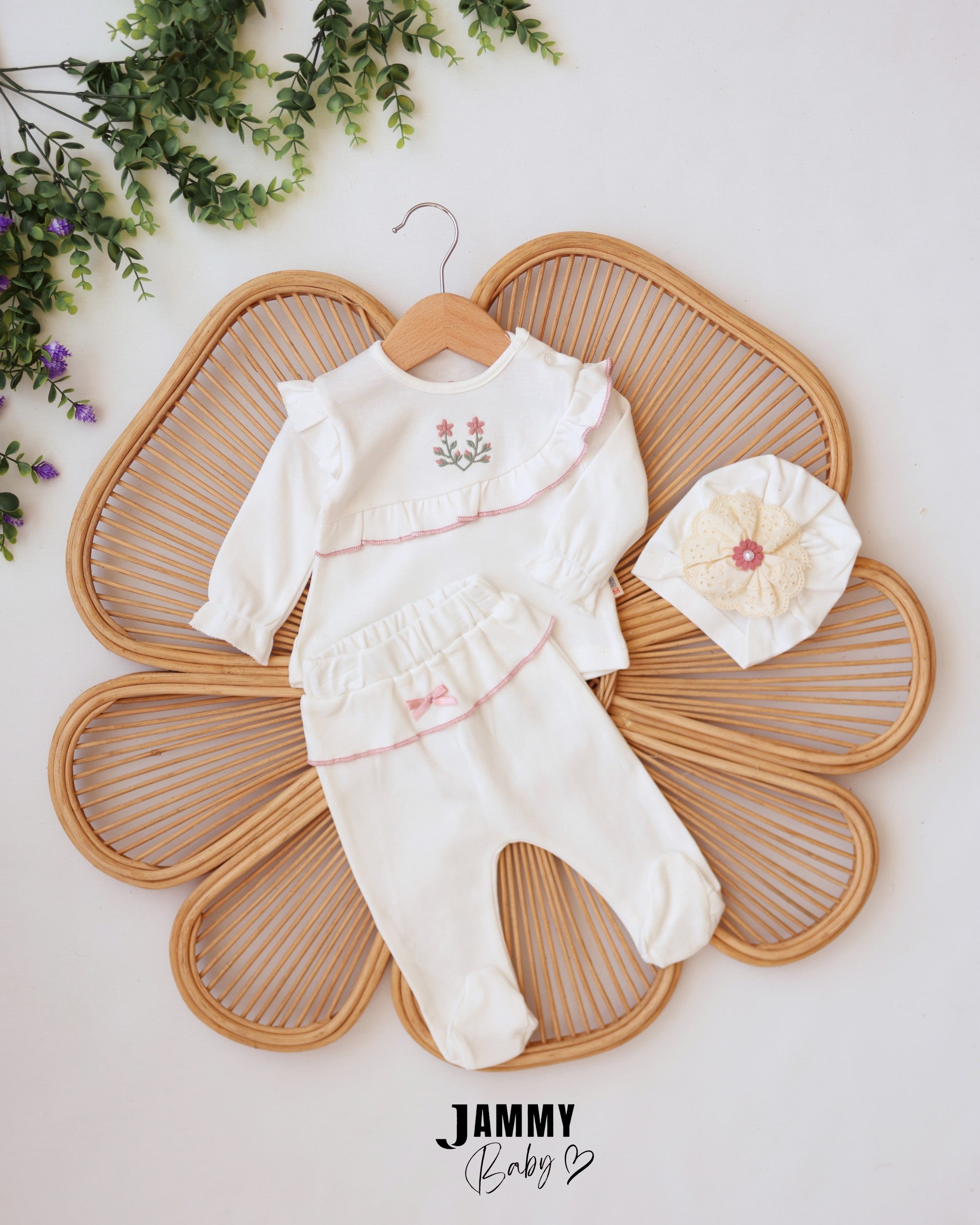 Floral Ruffle 3-Piece Baby Girl Set - Ivory