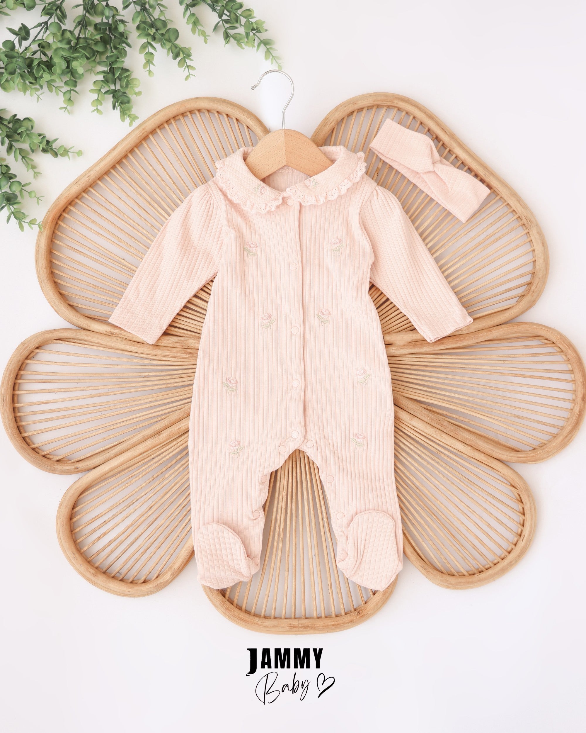 Ribbed Rose Embroidered Romper & Headband Set – Soft Pink
