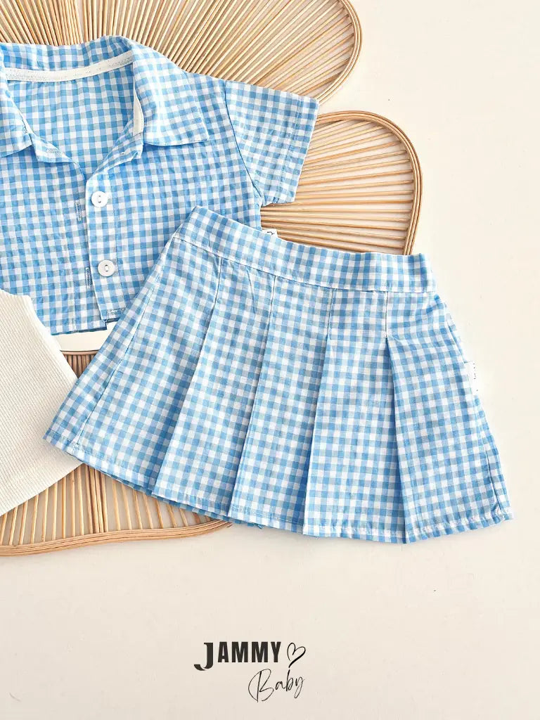 Misty Plaid Shirt, Bodysuit & Shorts Set – Blue