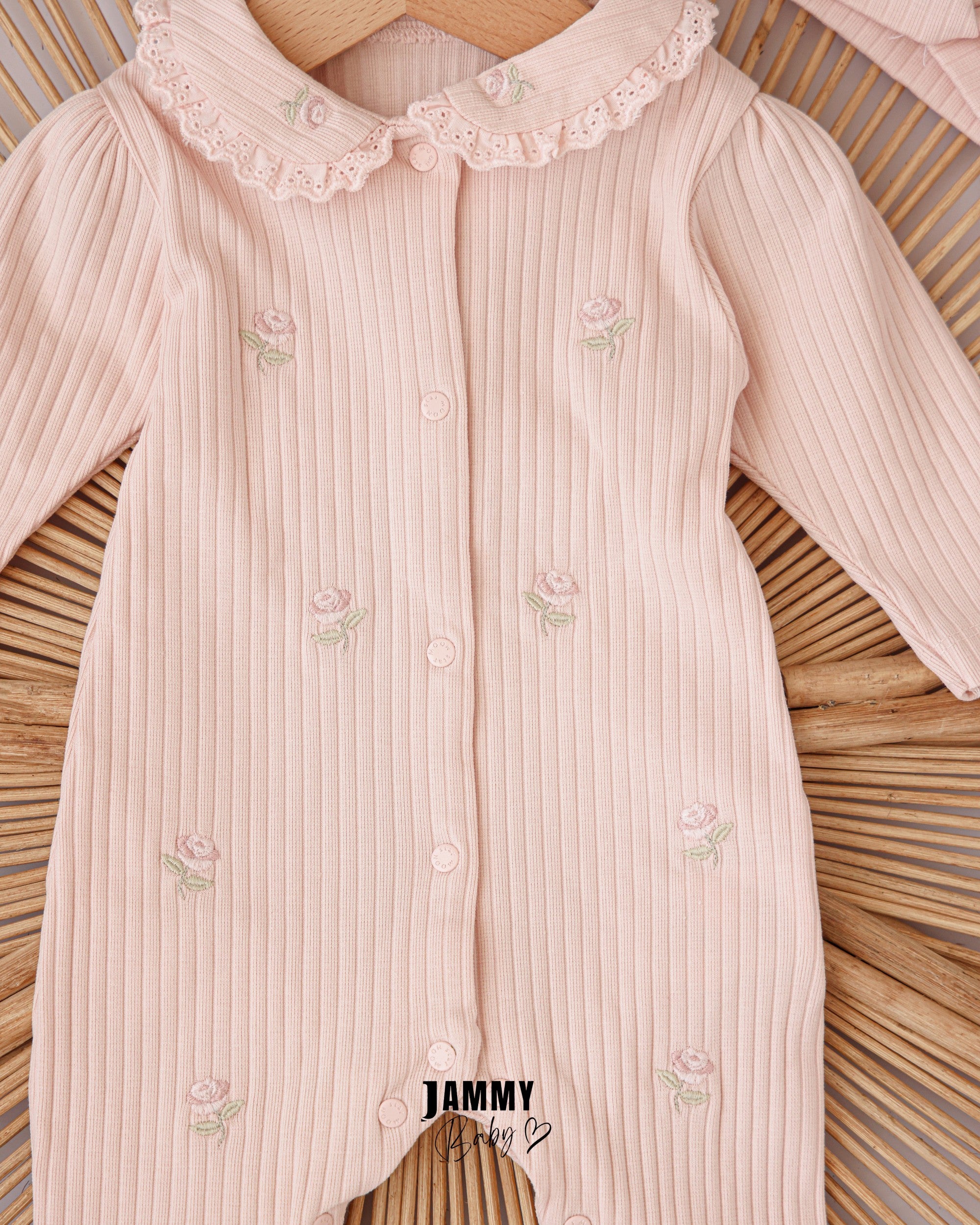 Ribbed Rose Embroidered Romper & Headband Set – Soft Pink