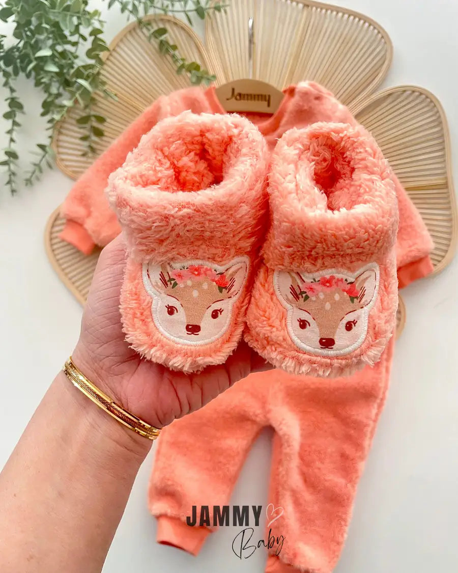 Ceylan Appliqué Plush Set with Booties – APRICOT