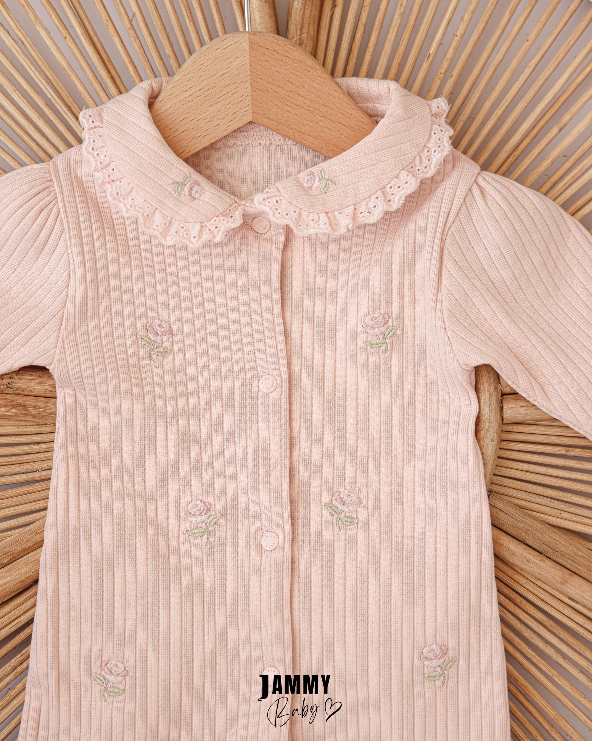 Ribbed Rose Embroidered Romper & Headband Set – Soft Pink