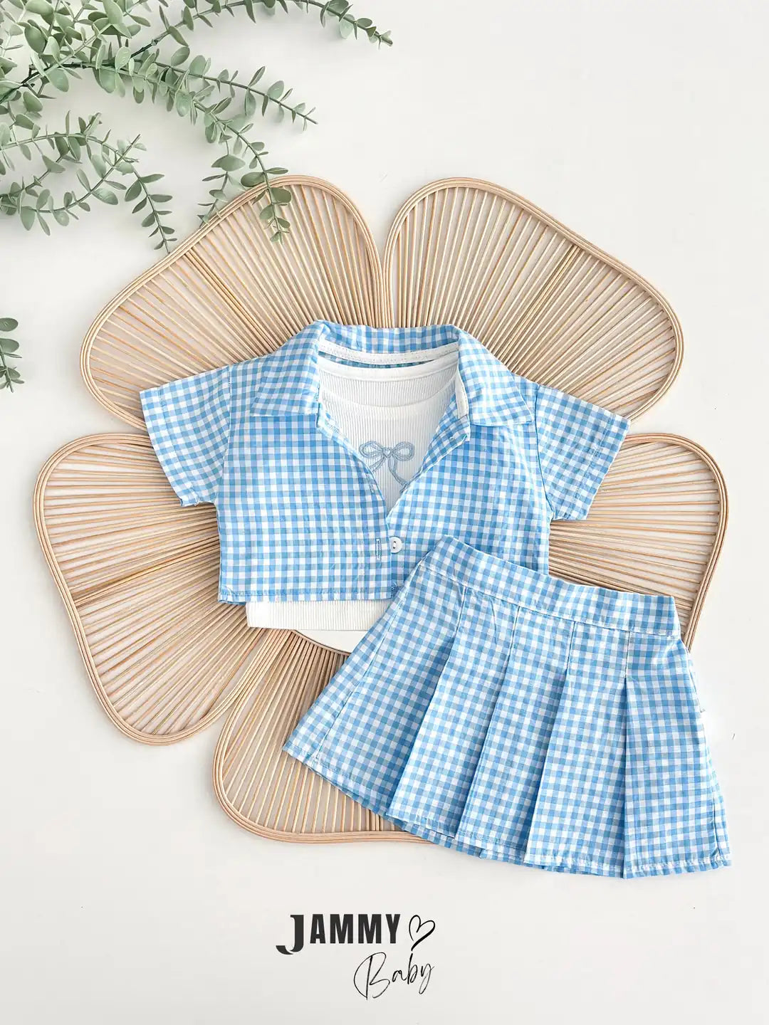 Misty Plaid Shirt, Bodysuit & Shorts Set – Blue