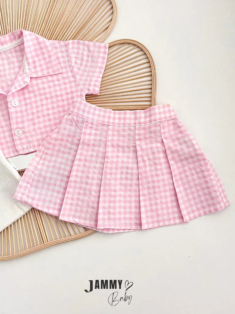 Misty Plaid Shirt, Bodysuit & Shorts Set – Pink