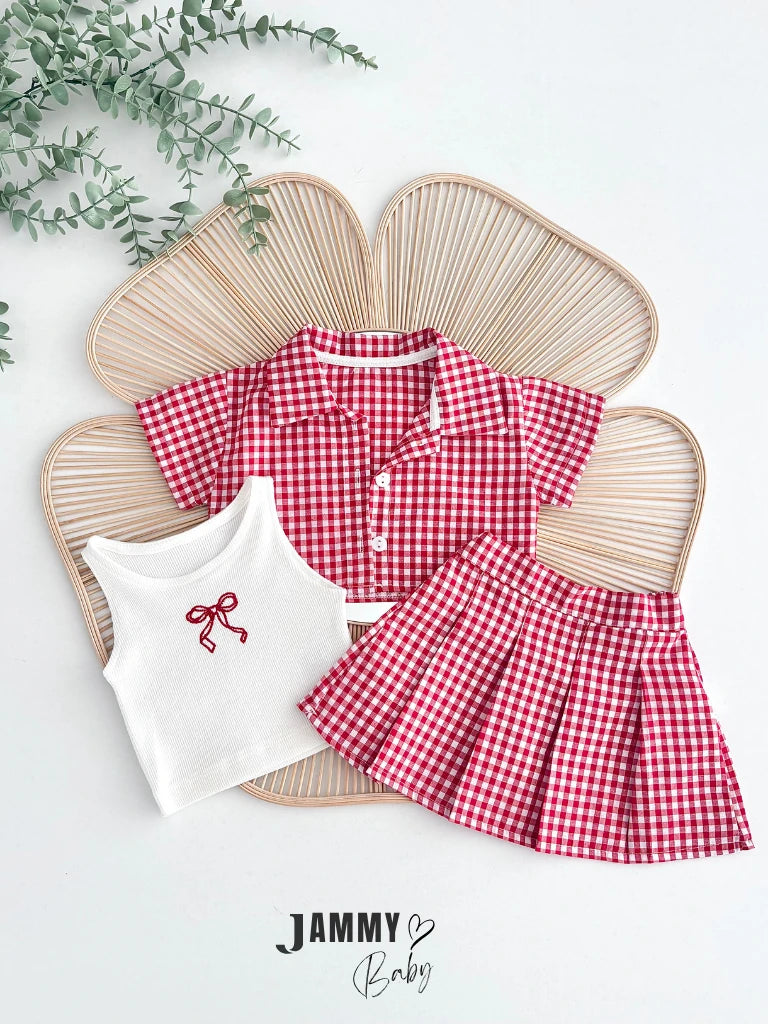 Misty Plaid Shirt, Bodysuit & Shorts Set – Red