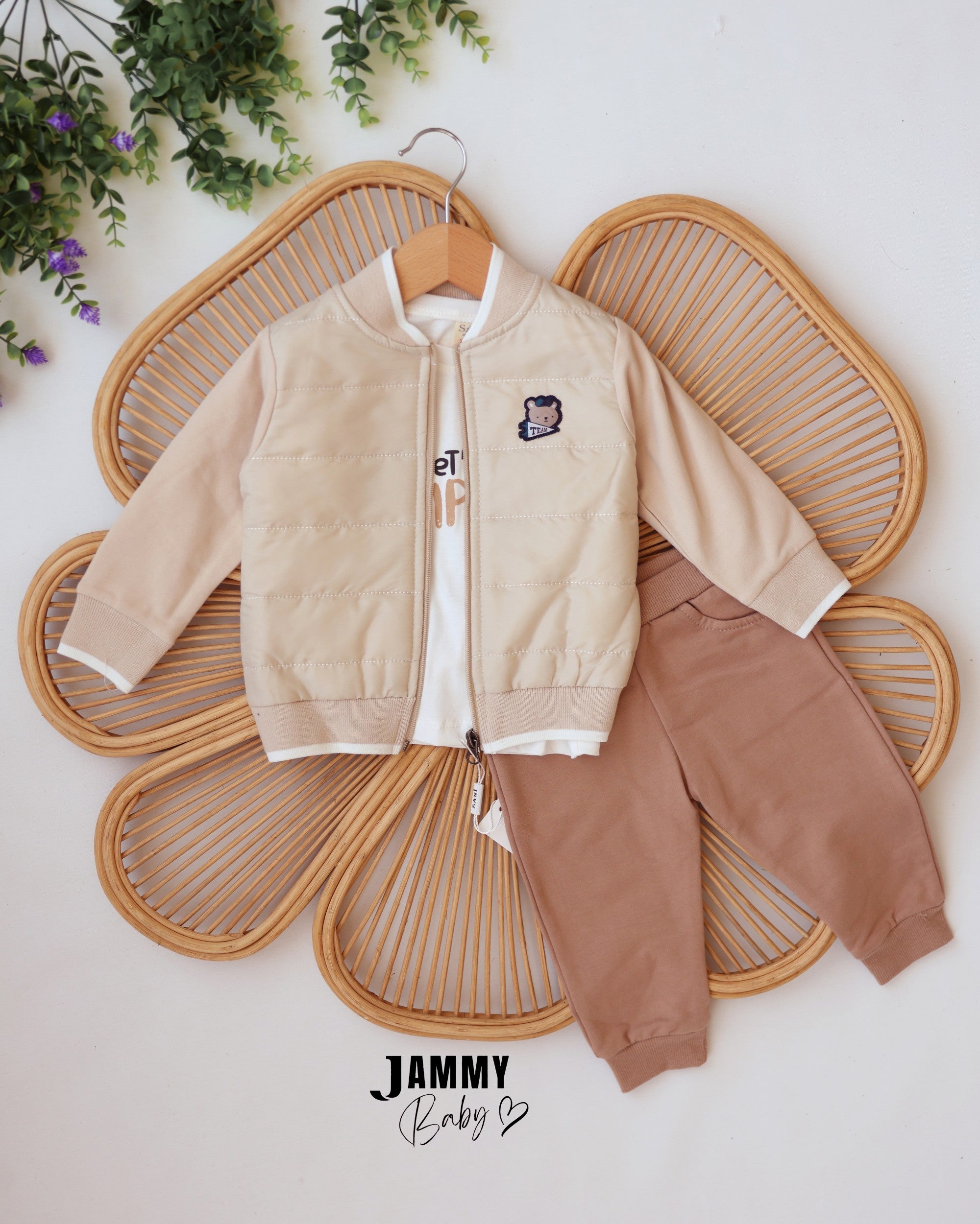 Teddy Bomber 3-Piece Baby Boy Set - Beige & Brown