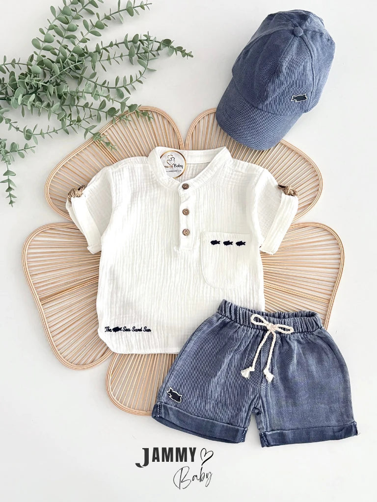 Crish Muslin Fabric Mandarin Collar Short-Sleeved Shirt, Shorts & Hat 3-Piece Set - BLUE