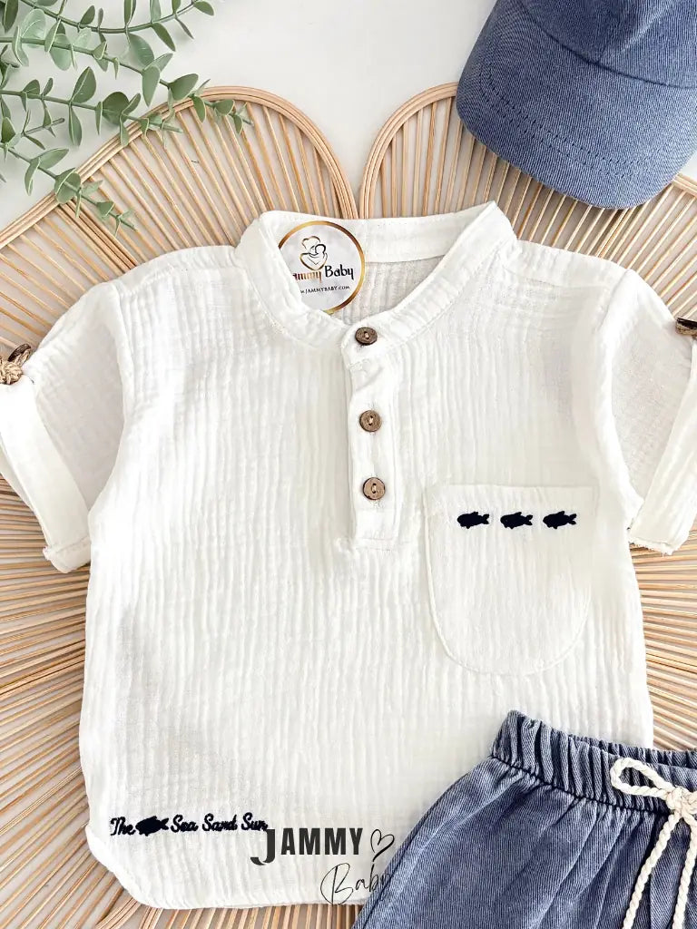 Crish Muslin Fabric Mandarin Collar Short-Sleeved Shirt, Shorts & Hat 3-Piece Set - BLUE