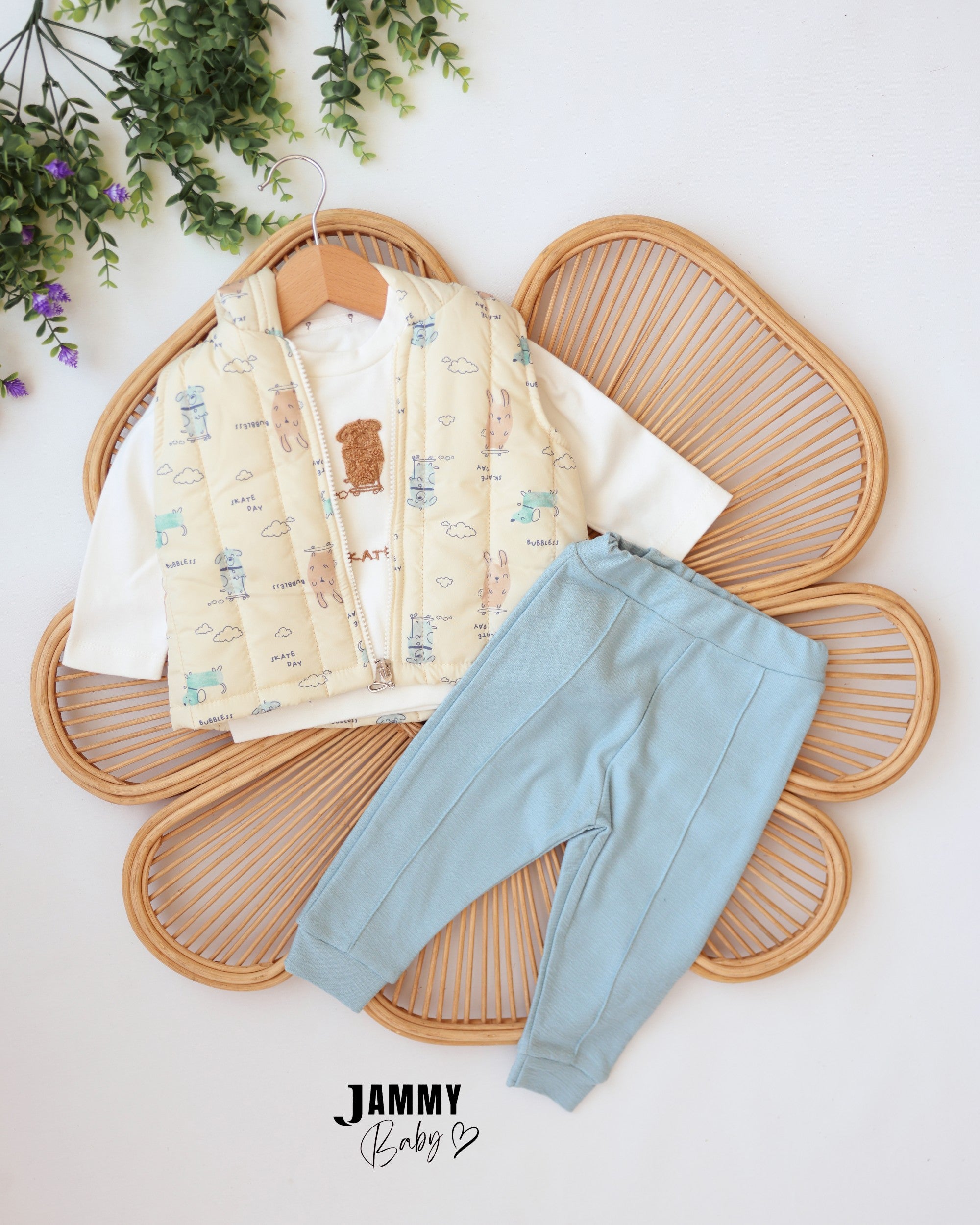 Skate Day Puffer Vest 3-Piece Baby Boy Set - Cream & Light Blue