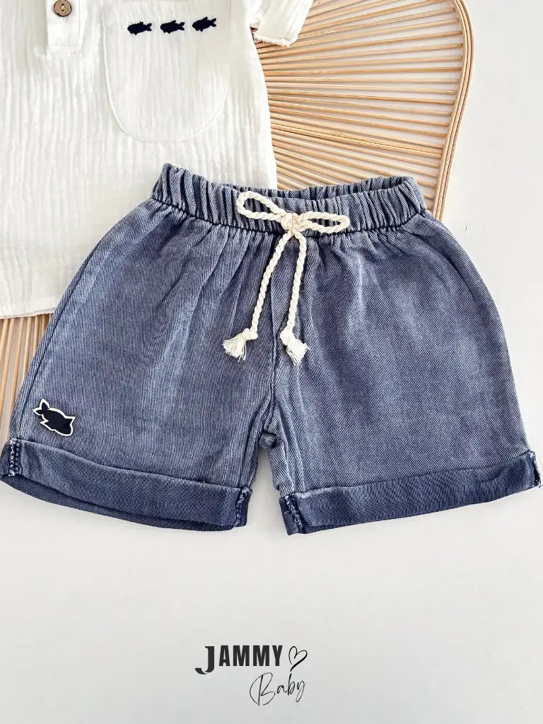 Crish Muslin Fabric Mandarin Collar Short-Sleeved Shirt, Shorts & Hat 3-Piece Set - BLUE