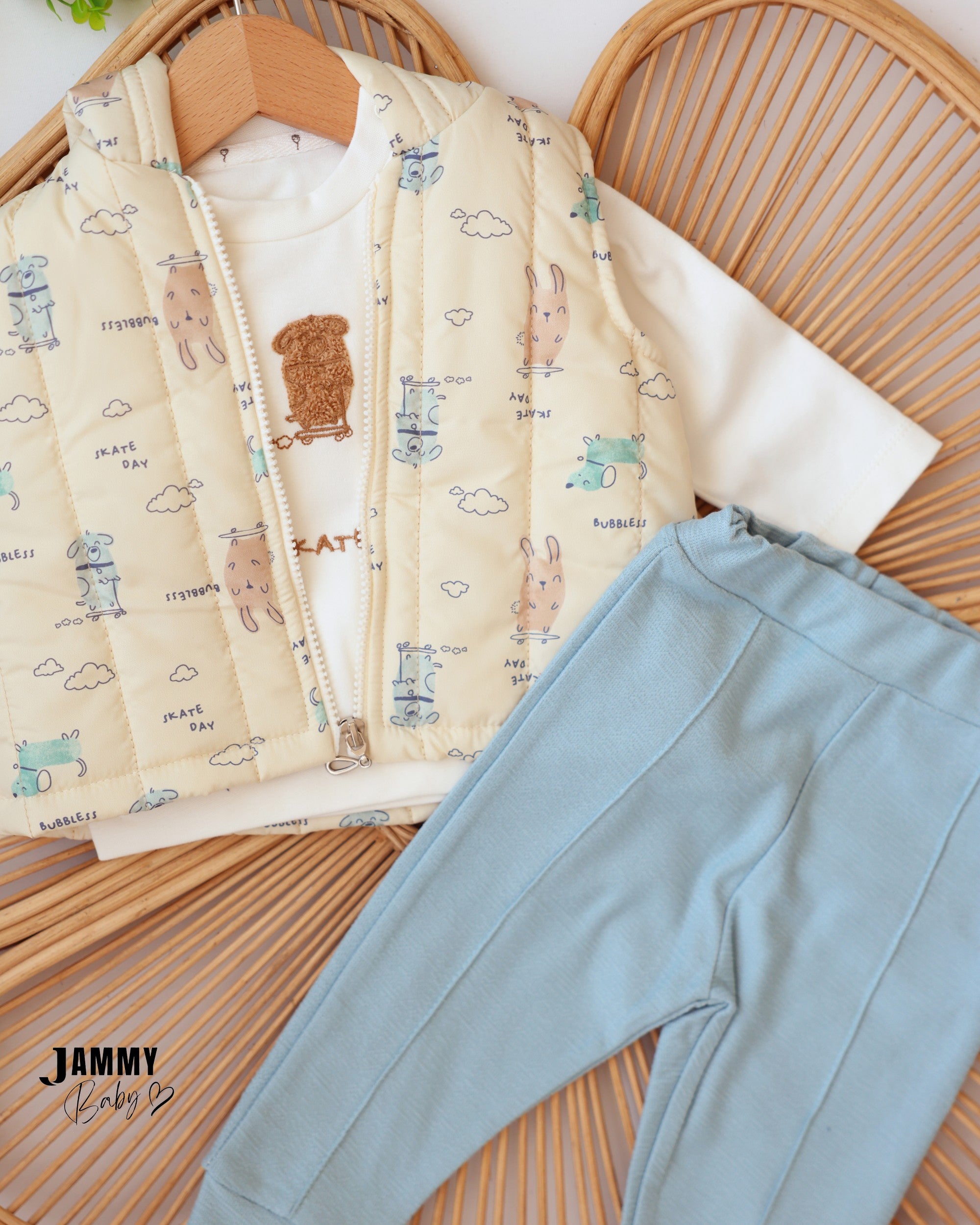 Skate Day Puffer Vest 3-Piece Baby Boy Set - Cream & Light Blue