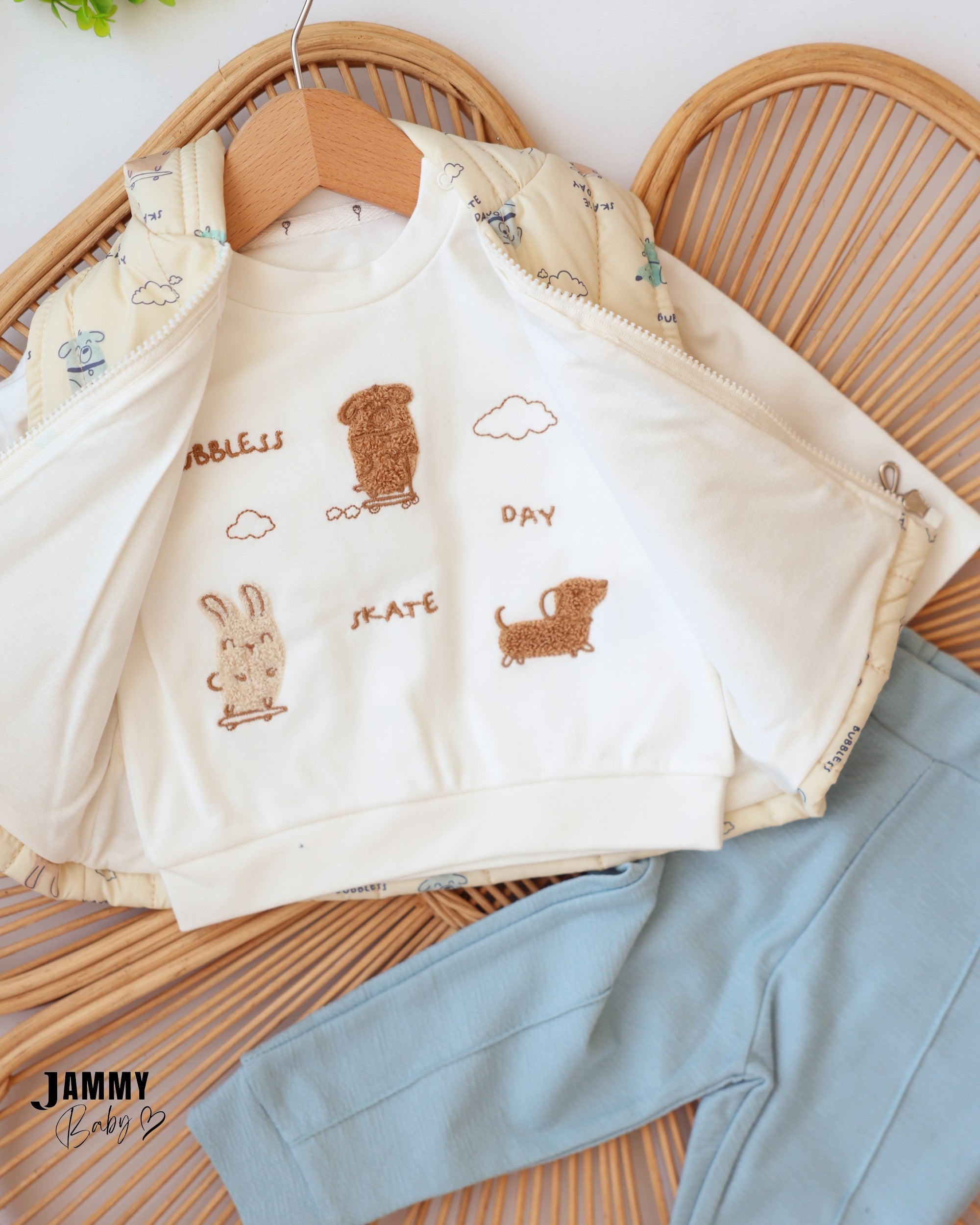 Skate Day Puffer Vest 3-Piece Baby Boy Set - Cream & Light Blue
