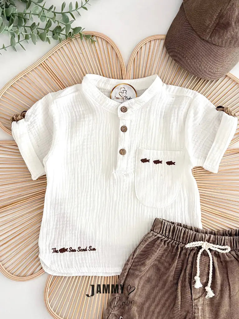 Crish Muslin Mandarin Collar Shirt, Shorts & Hat Set – Brown