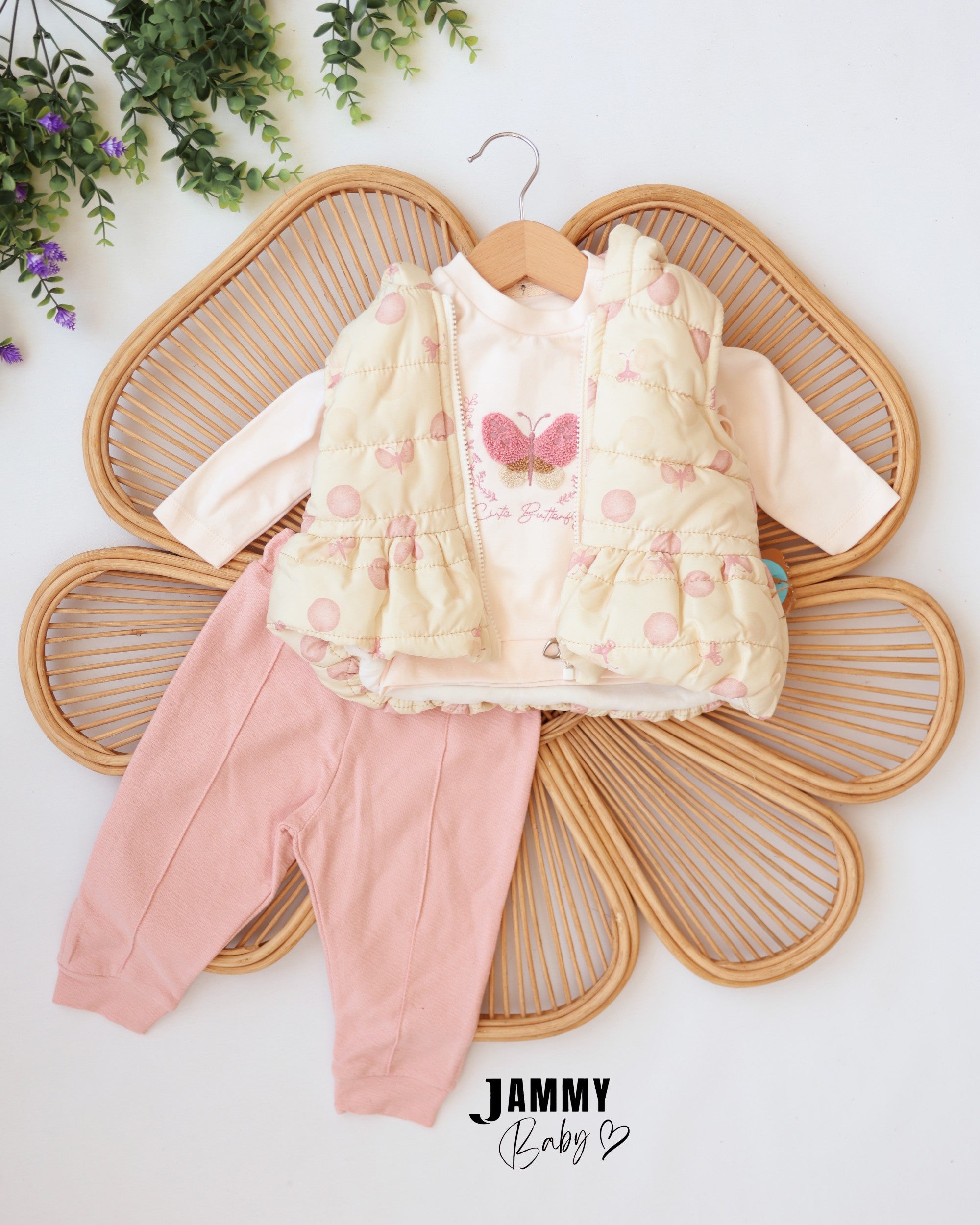 Butterfly Puffer Vest 3-Piece Baby Girl Set - Cream & Pink