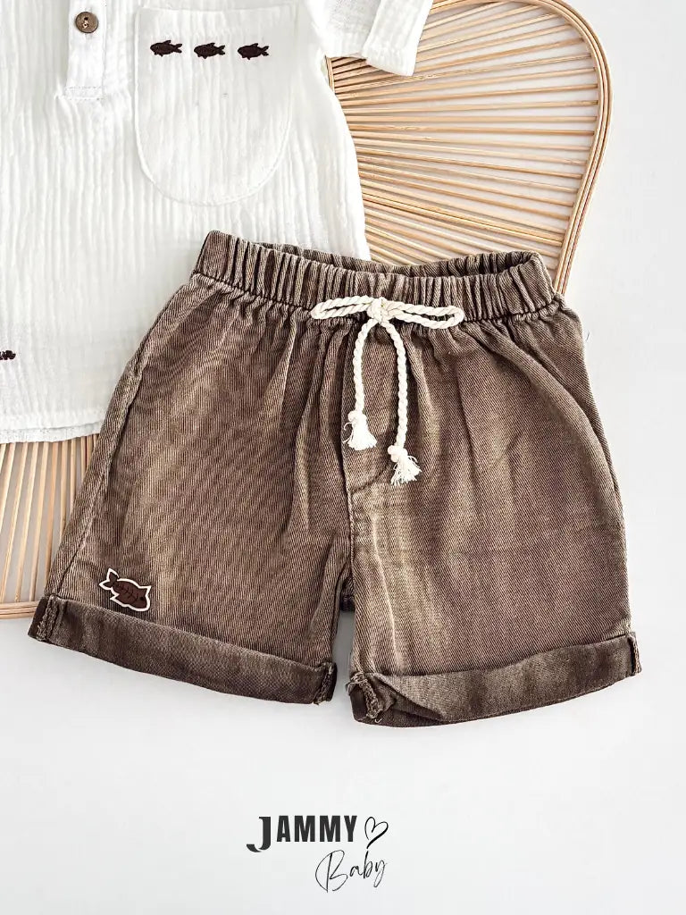 Crish Muslin Mandarin Collar Shirt, Shorts & Hat Set – Brown