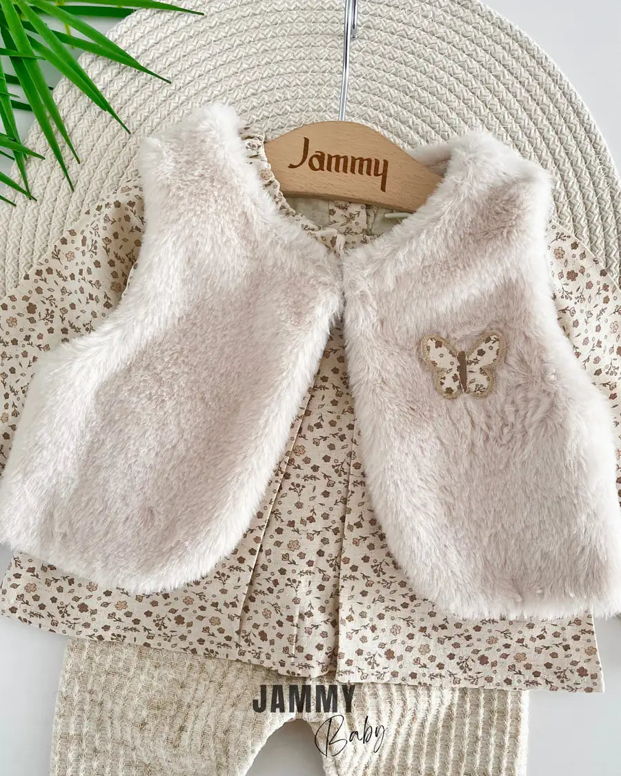 Butterfly Plush Vest / Tiny Floral 3-Piece Set – BEIGE