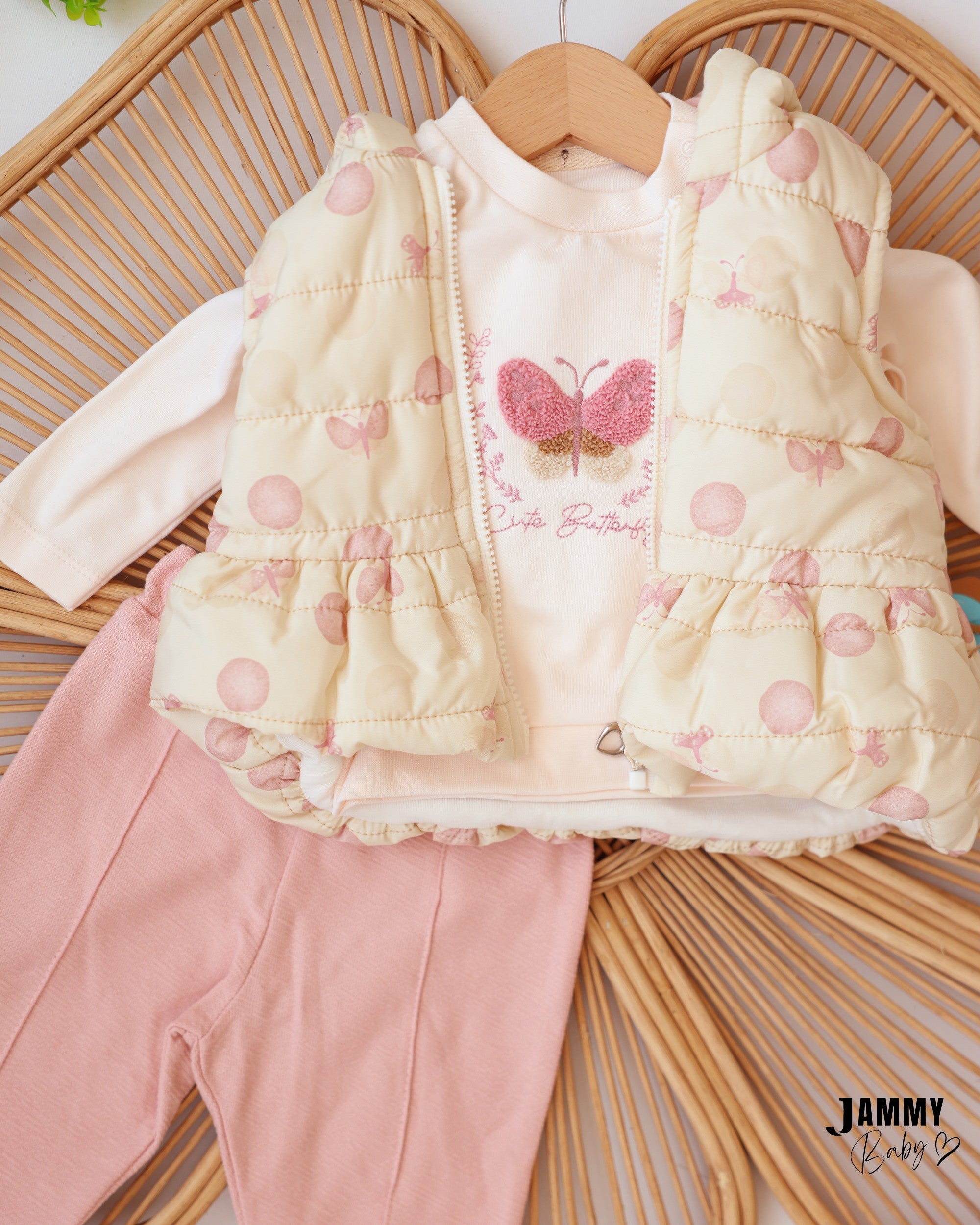 Butterfly Puffer Vest 3-Piece Baby Girl Set - Cream & Pink