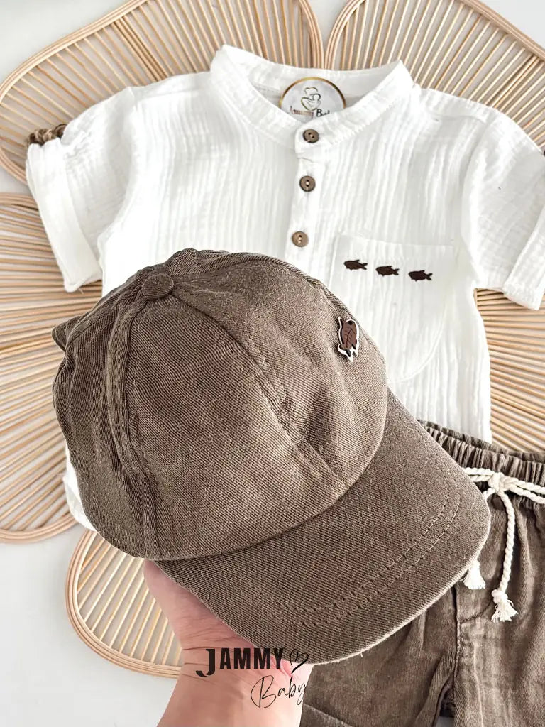 Crish Muslin Mandarin Collar Shirt, Shorts & Hat Set – Brown