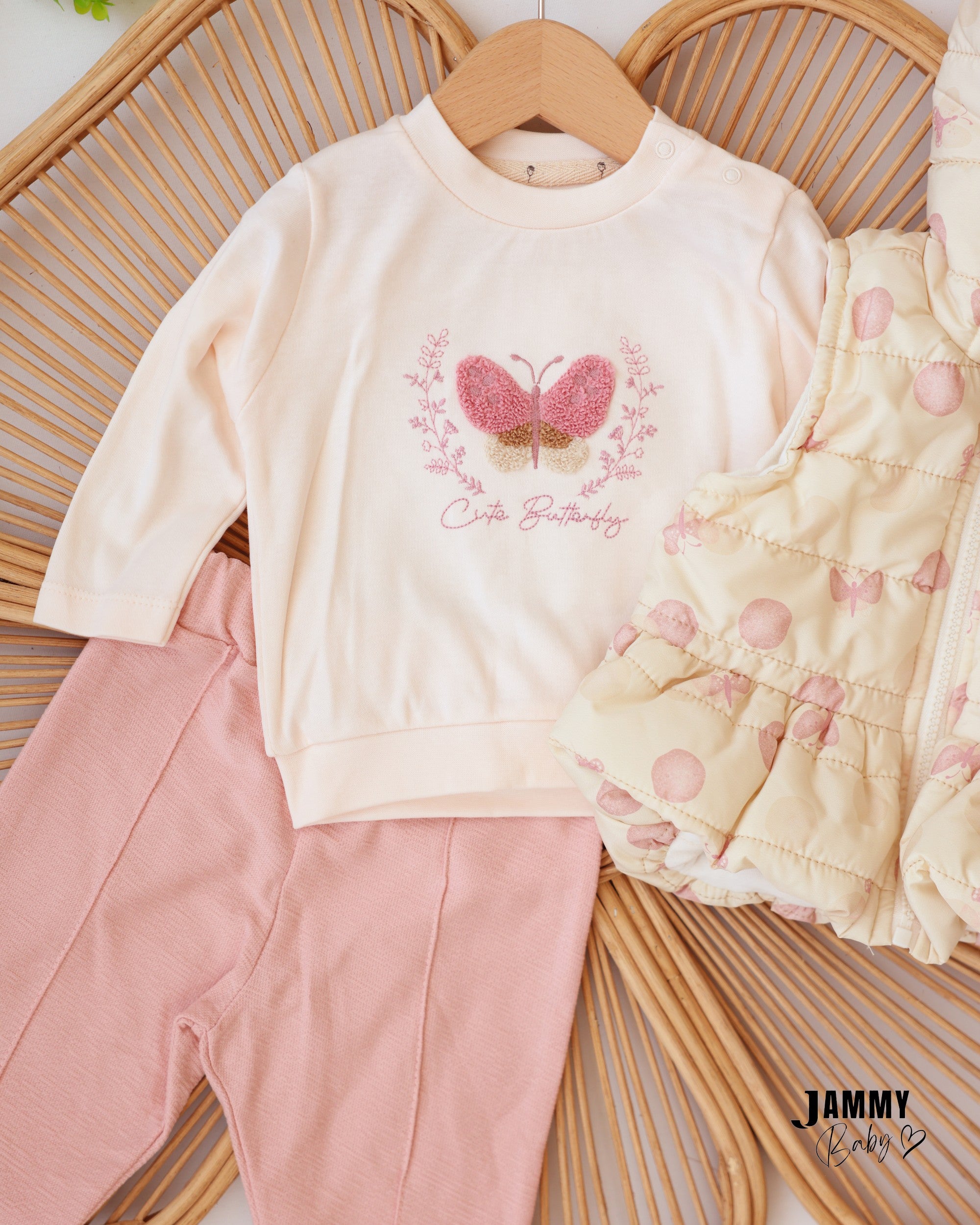 Butterfly Puffer Vest 3-Piece Baby Girl Set - Cream & Pink