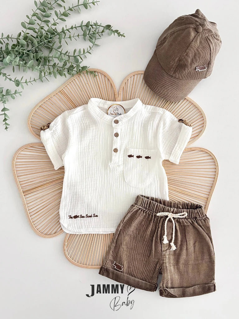 Crish Muslin Mandarin Collar Shirt, Shorts & Hat Set – Brown