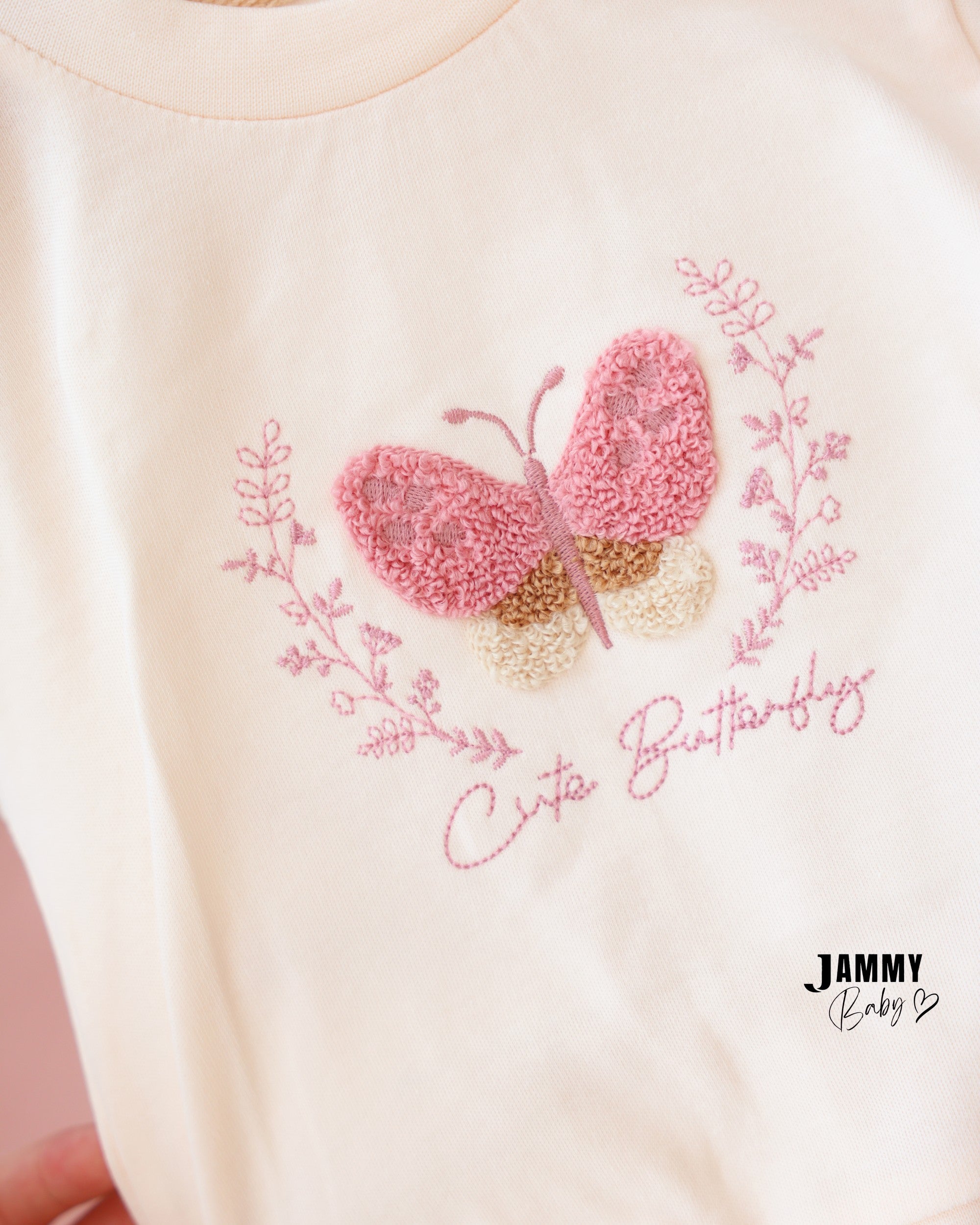 Butterfly Puffer Vest 3-Piece Baby Girl Set - Cream & Pink