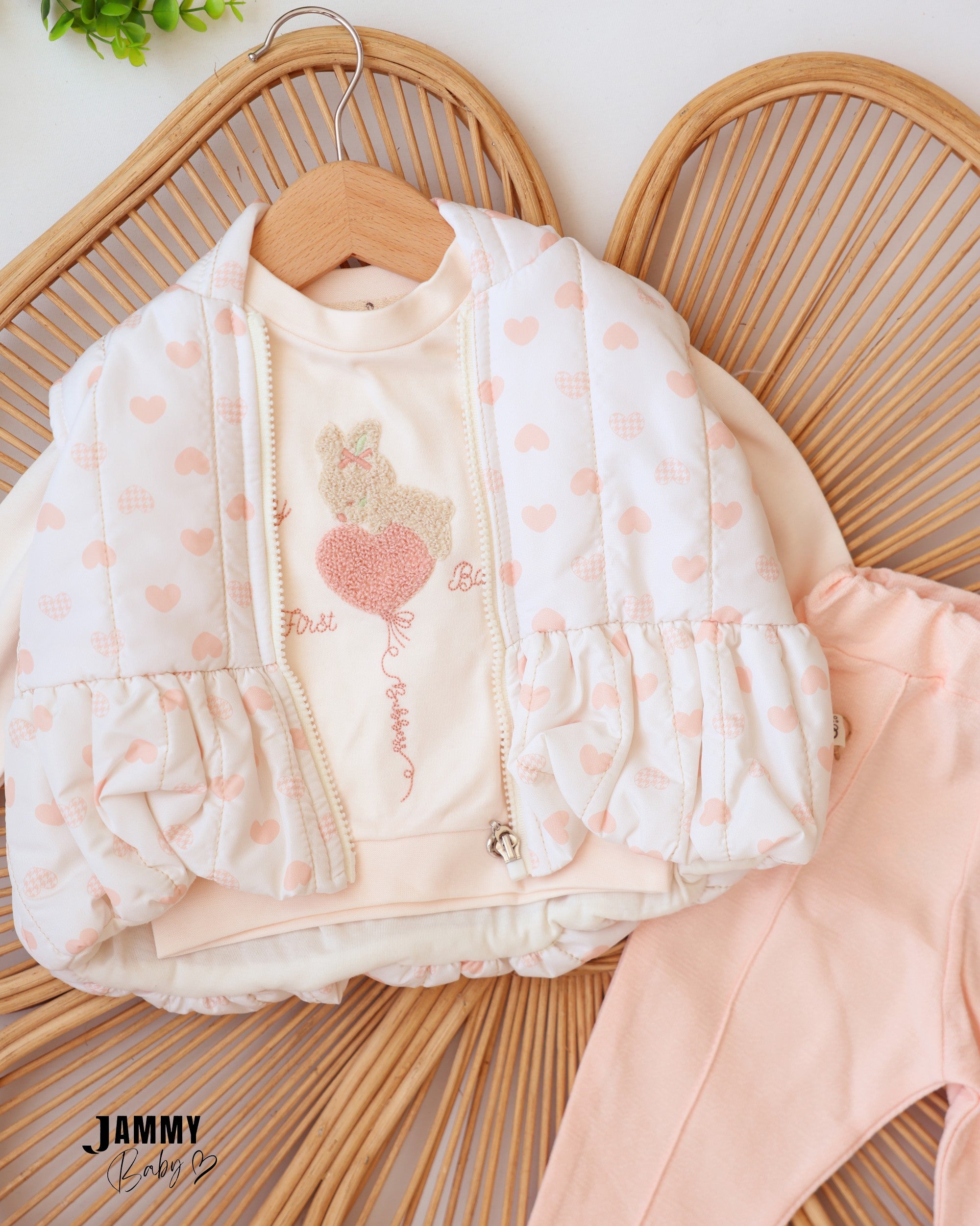 Bunny Heart Puffer Vest 3-Piece Baby Girl Set - Ivory & Blush Pink