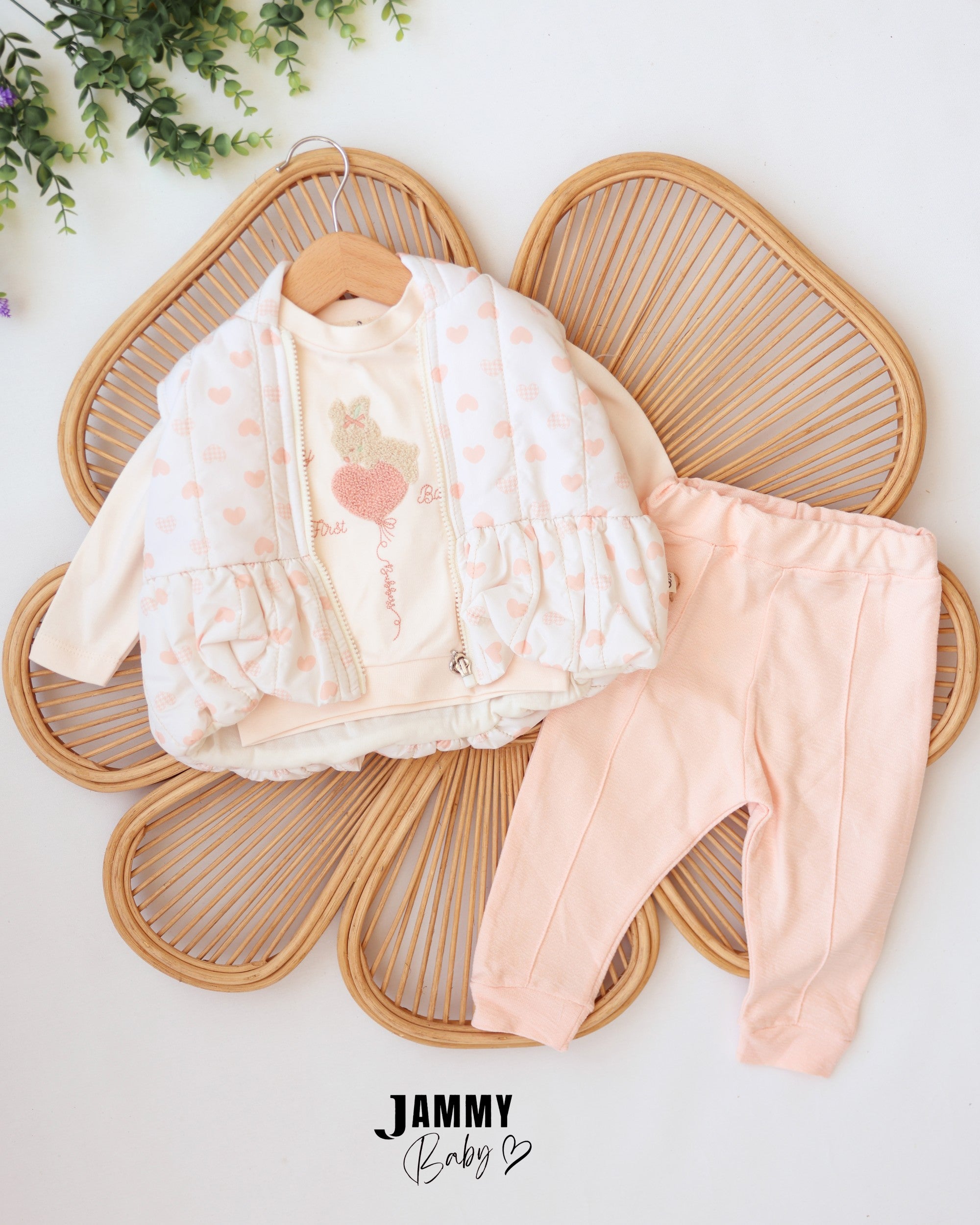 Bunny Heart Puffer Vest 3-Piece Baby Girl Set - Ivory & Blush Pink