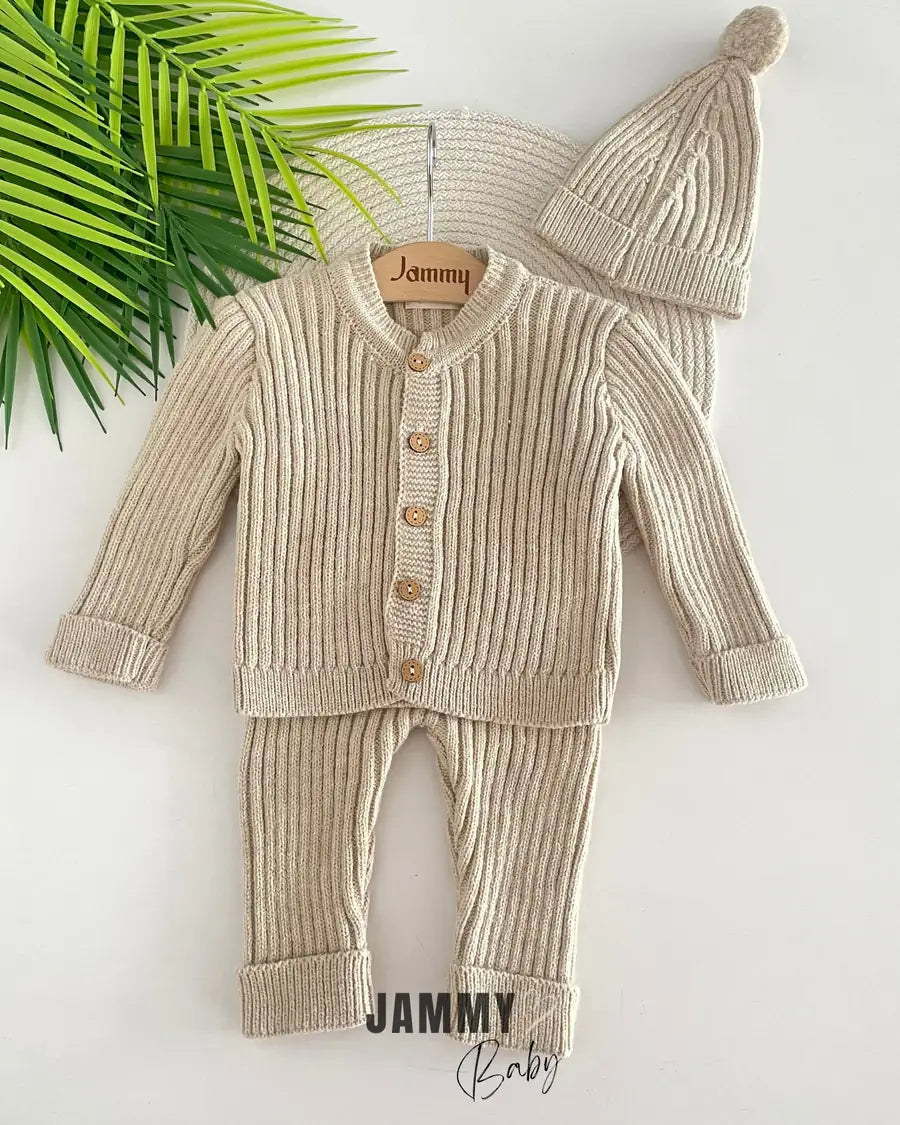 Knitted Cardigan Unisex Hooded Set – BEIGE