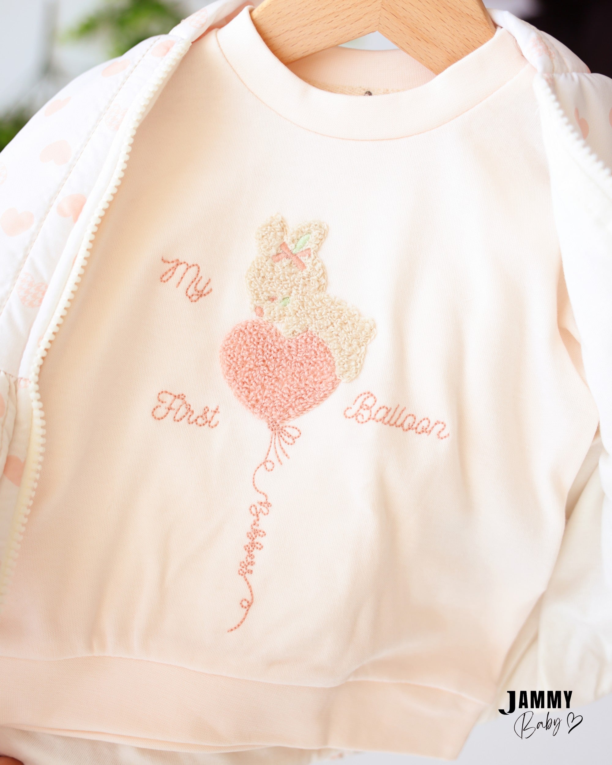 Bunny Heart Puffer Vest 3-Piece Baby Girl Set - Ivory & Blush Pink