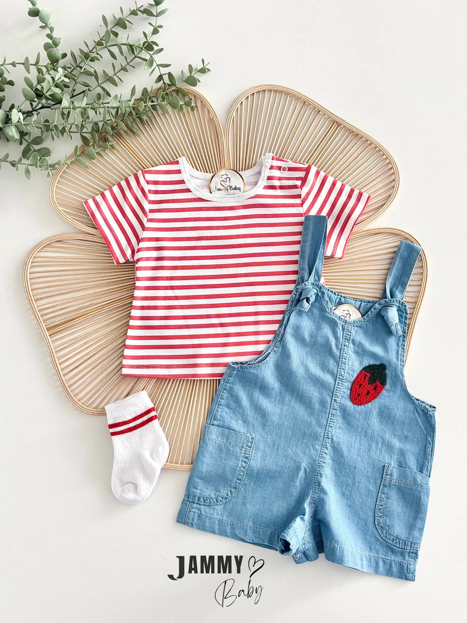 Darla Strawberry Denim Overalls, T-Shirt & Socks Set