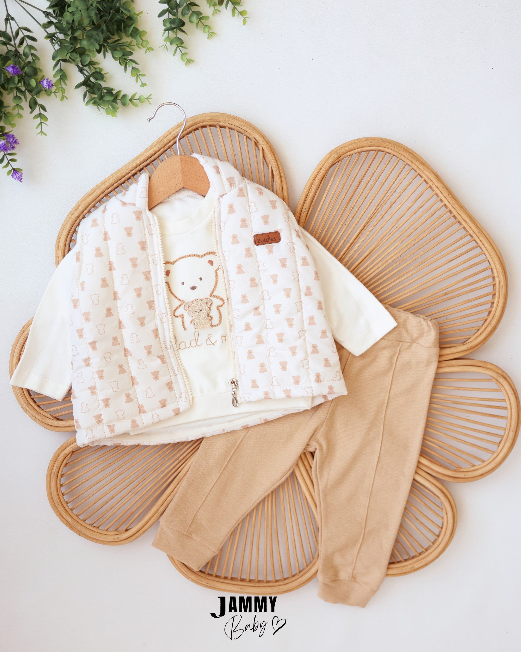 Teddy Puffer Vest 3-Piece Baby Boy Set - Cream & Beige