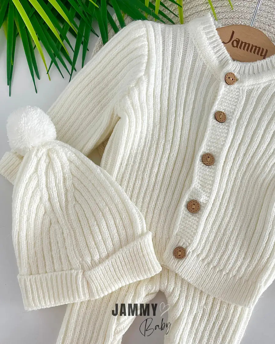 Knitted Cardigan Unisex Hooded Set – CREAM