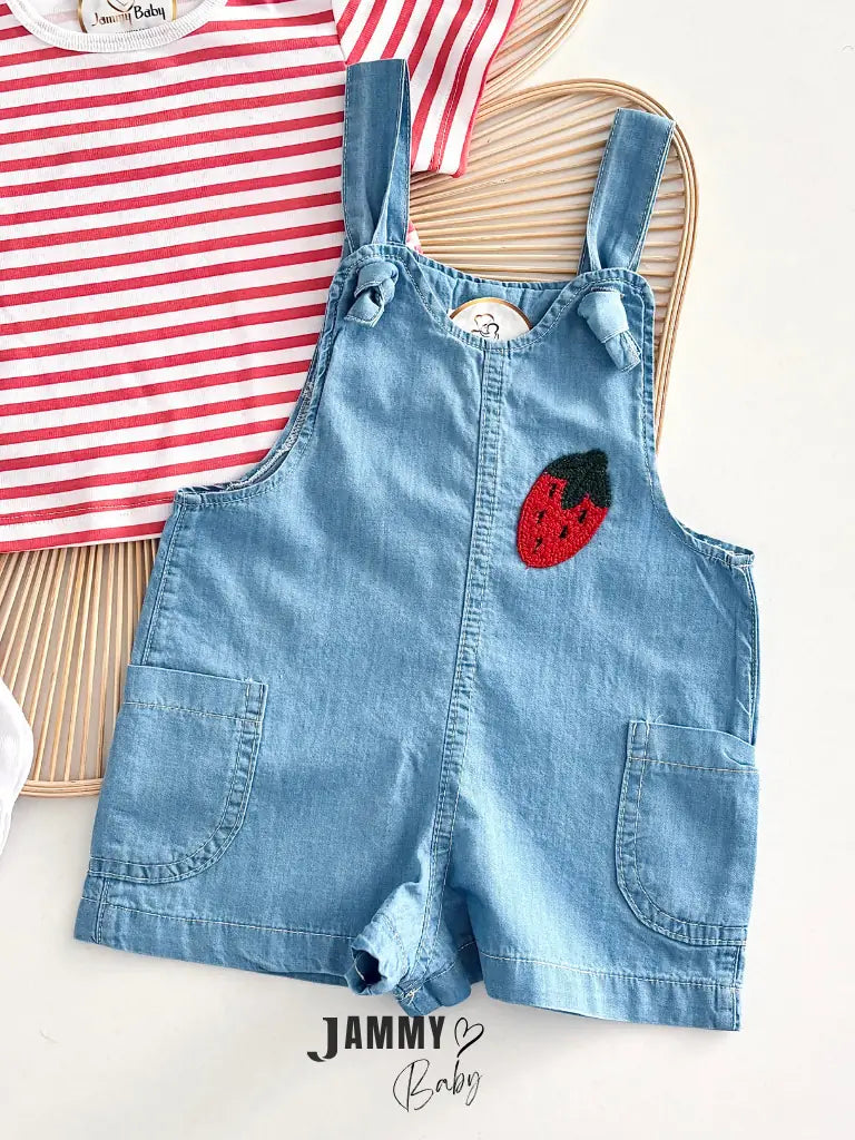 Darla Strawberry Denim Overalls, T-Shirt & Socks Set