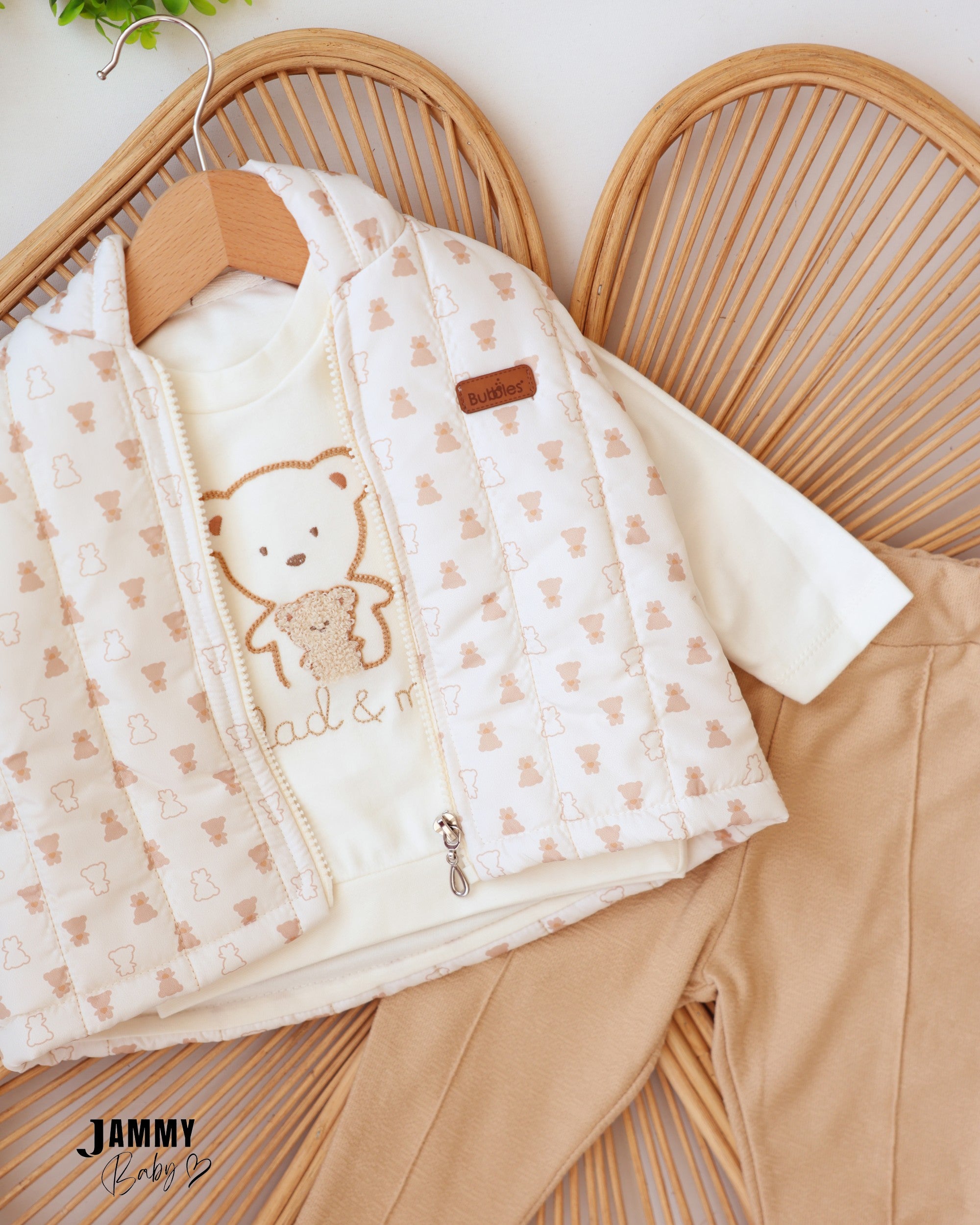 Teddy Puffer Vest 3-Piece Baby Boy Set - Cream & Beige