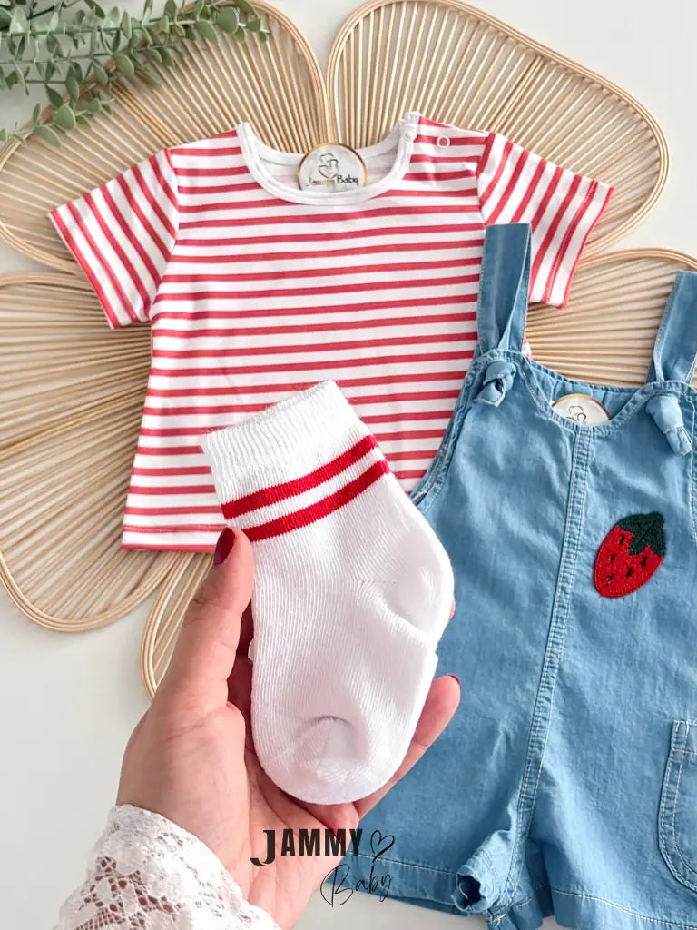 Darla Strawberry Denim Overalls, T-Shirt & Socks Set