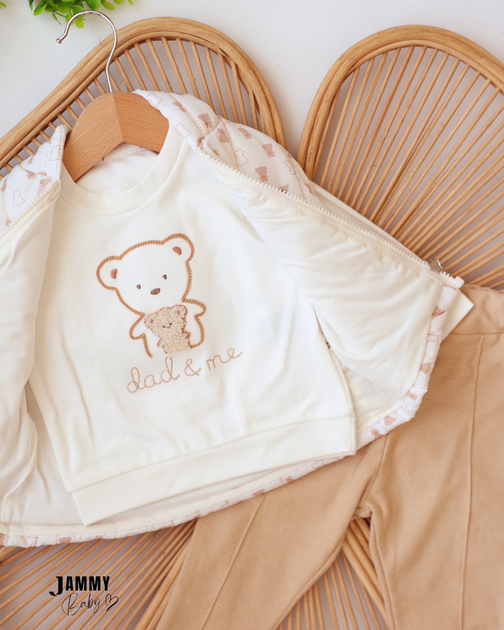 Teddy Puffer Vest 3-Piece Baby Boy Set - Cream & Beige