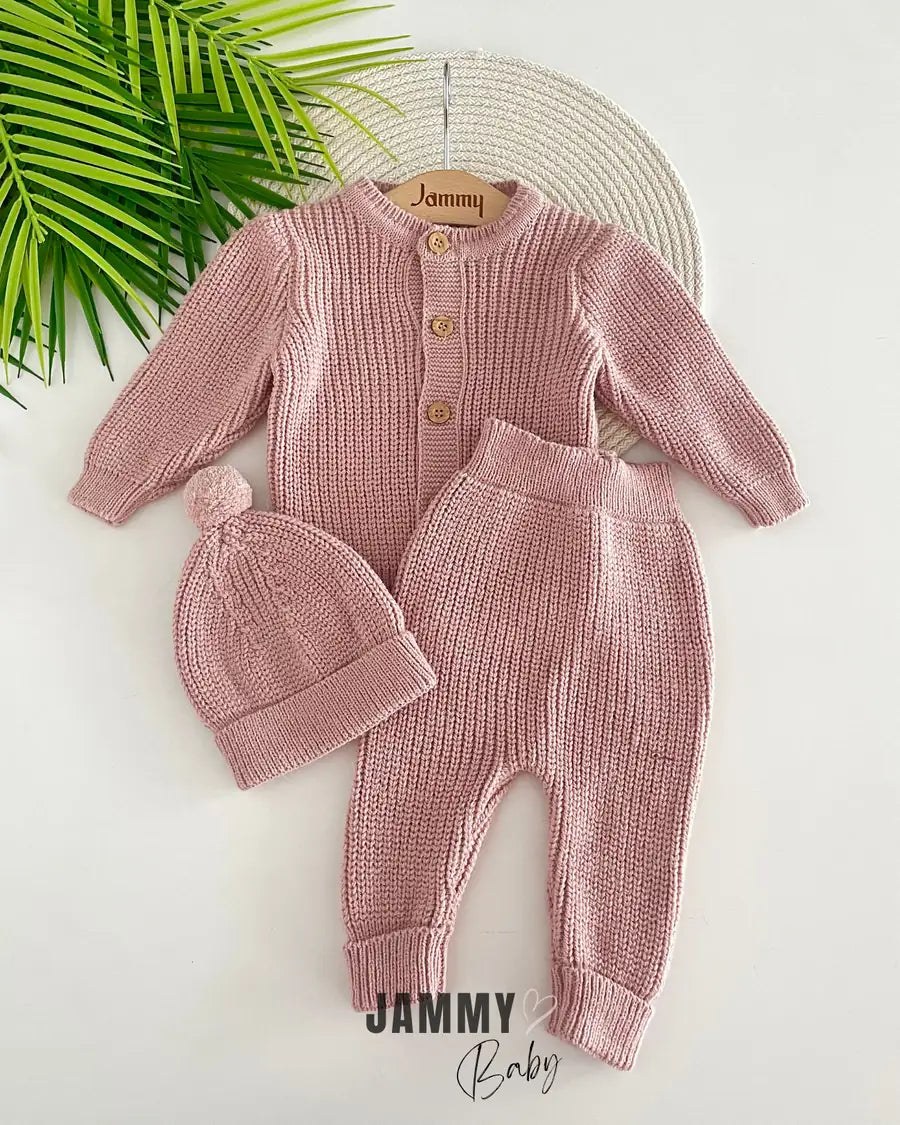 Knitted Cardigan Unisex Hooded Set – DRIED ROSE