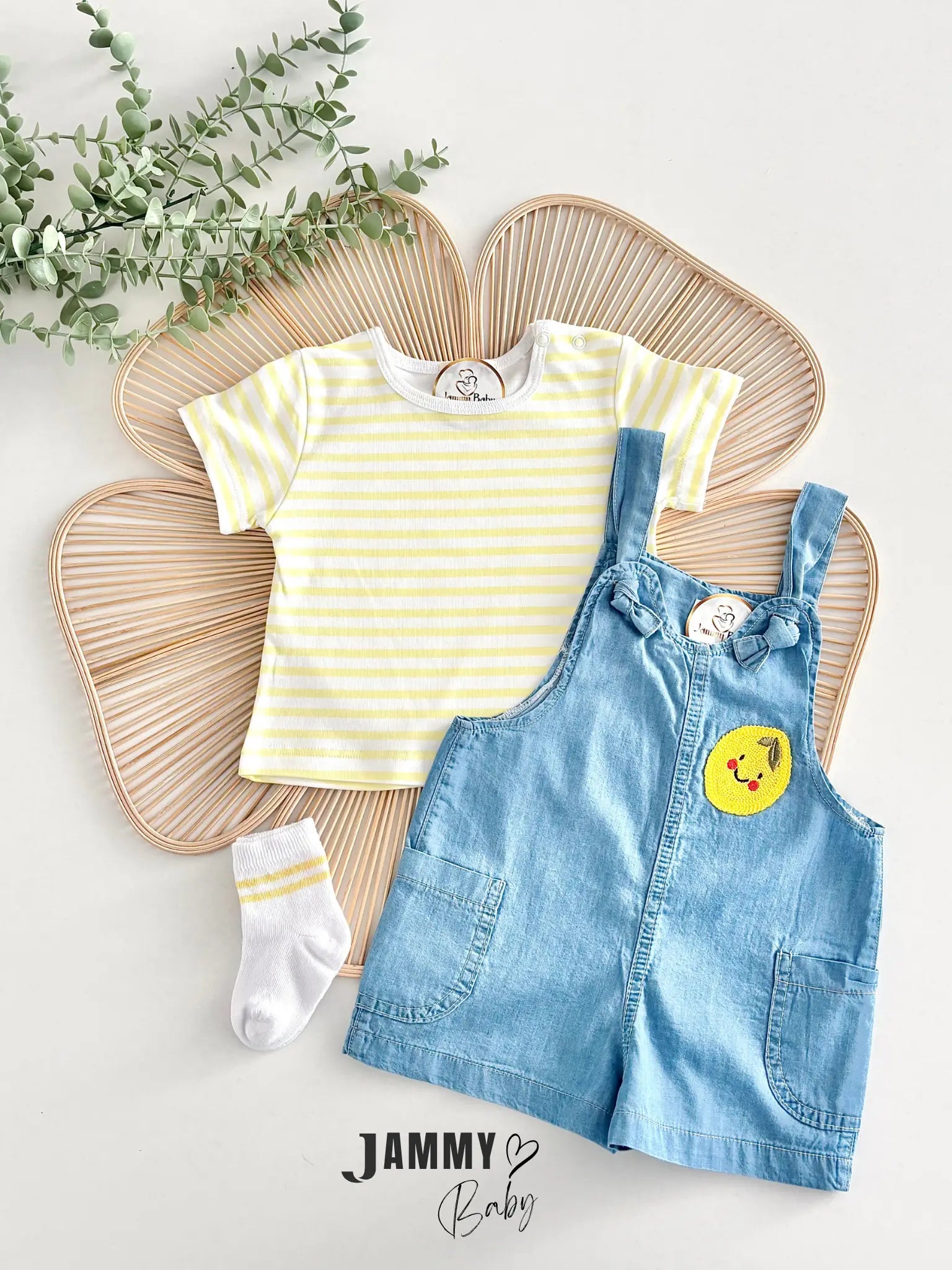 Darla Lemon Denim Overalls, T-Shirt & Socks Set