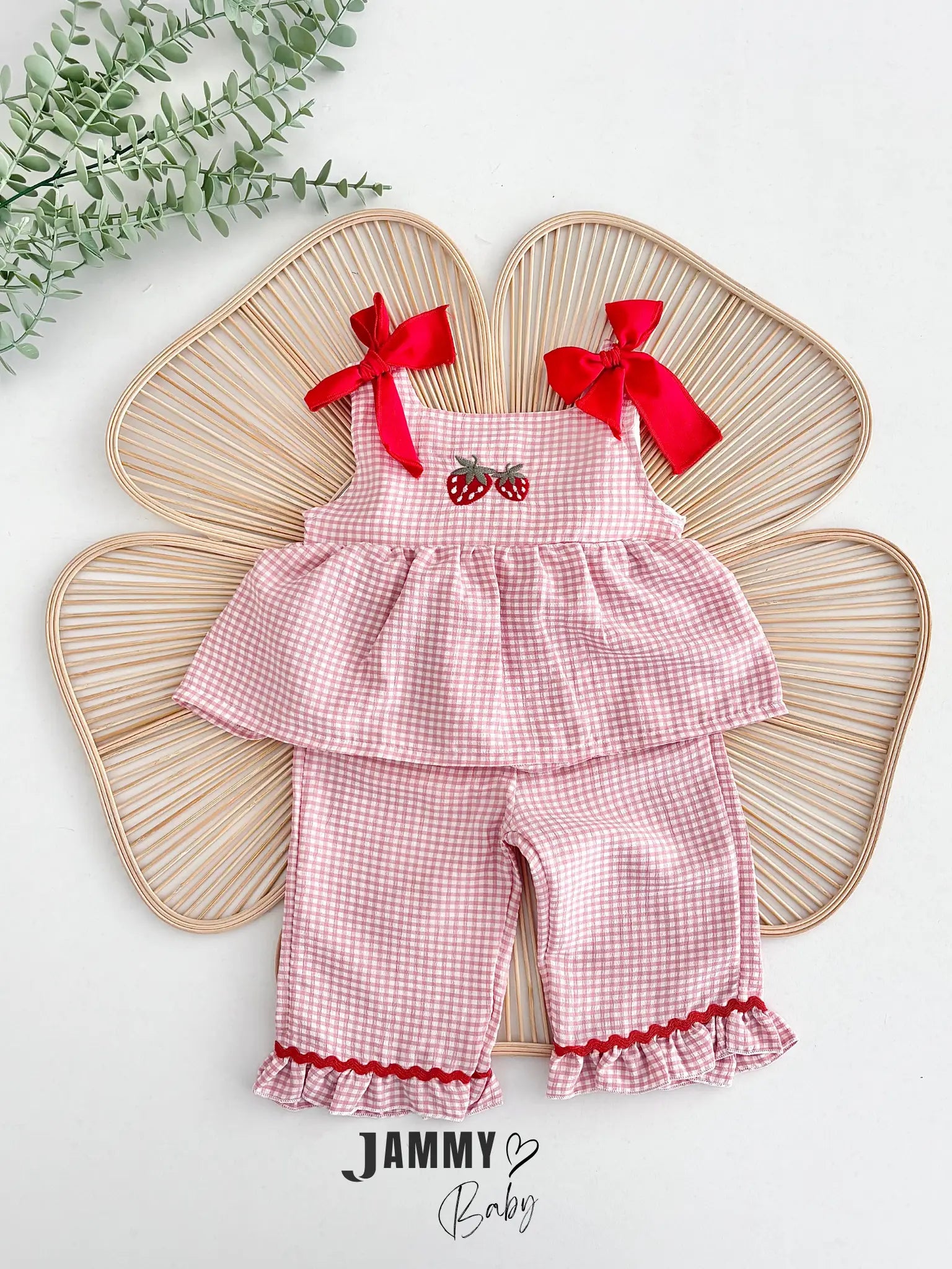 Eleni Strawberry Embroidered Gingham Blouse & Pants Set - PINK