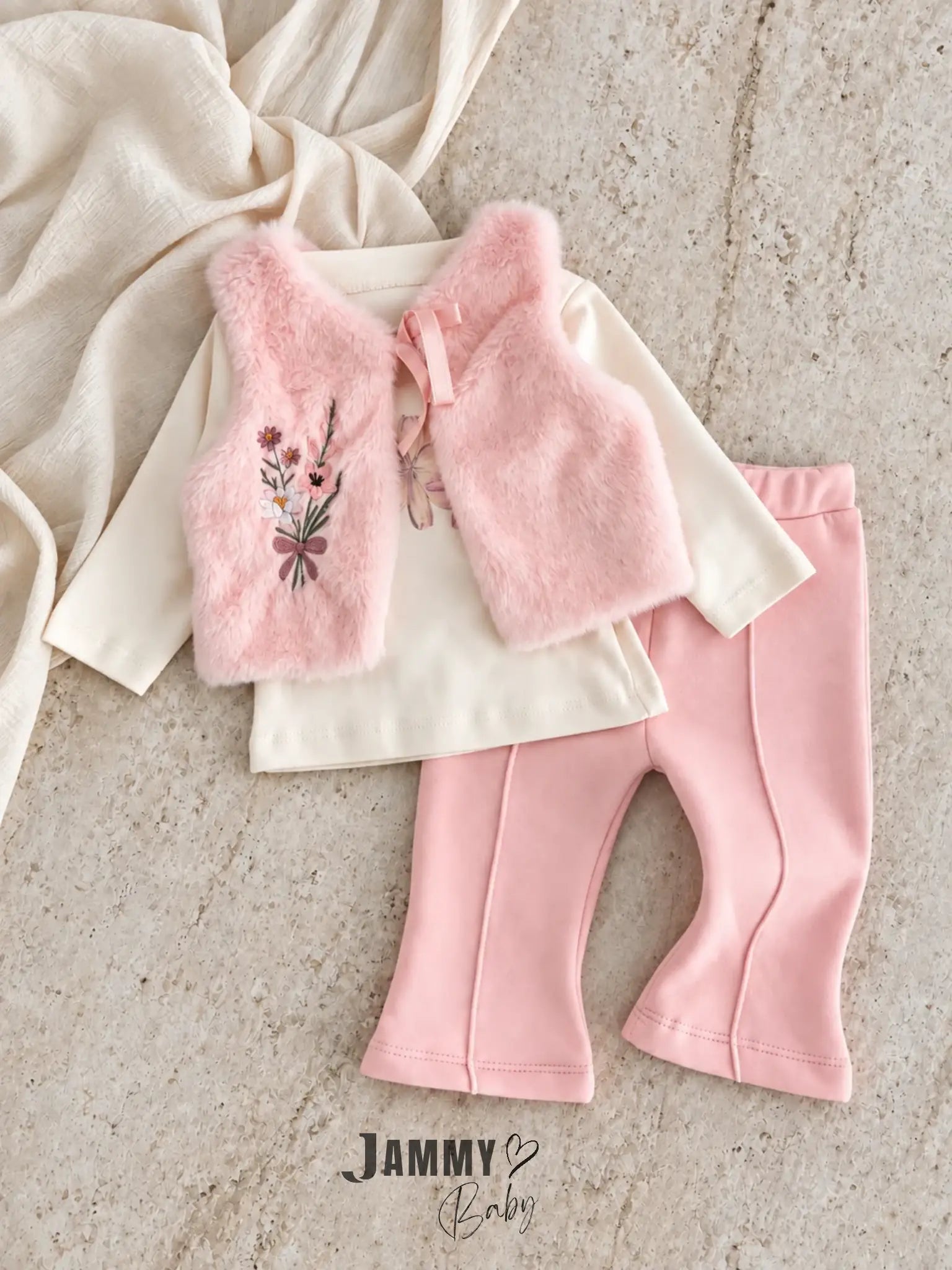 Floral Embroidered Plush Vest & Bodysuit, Pants 3-Piece Set - Salmon