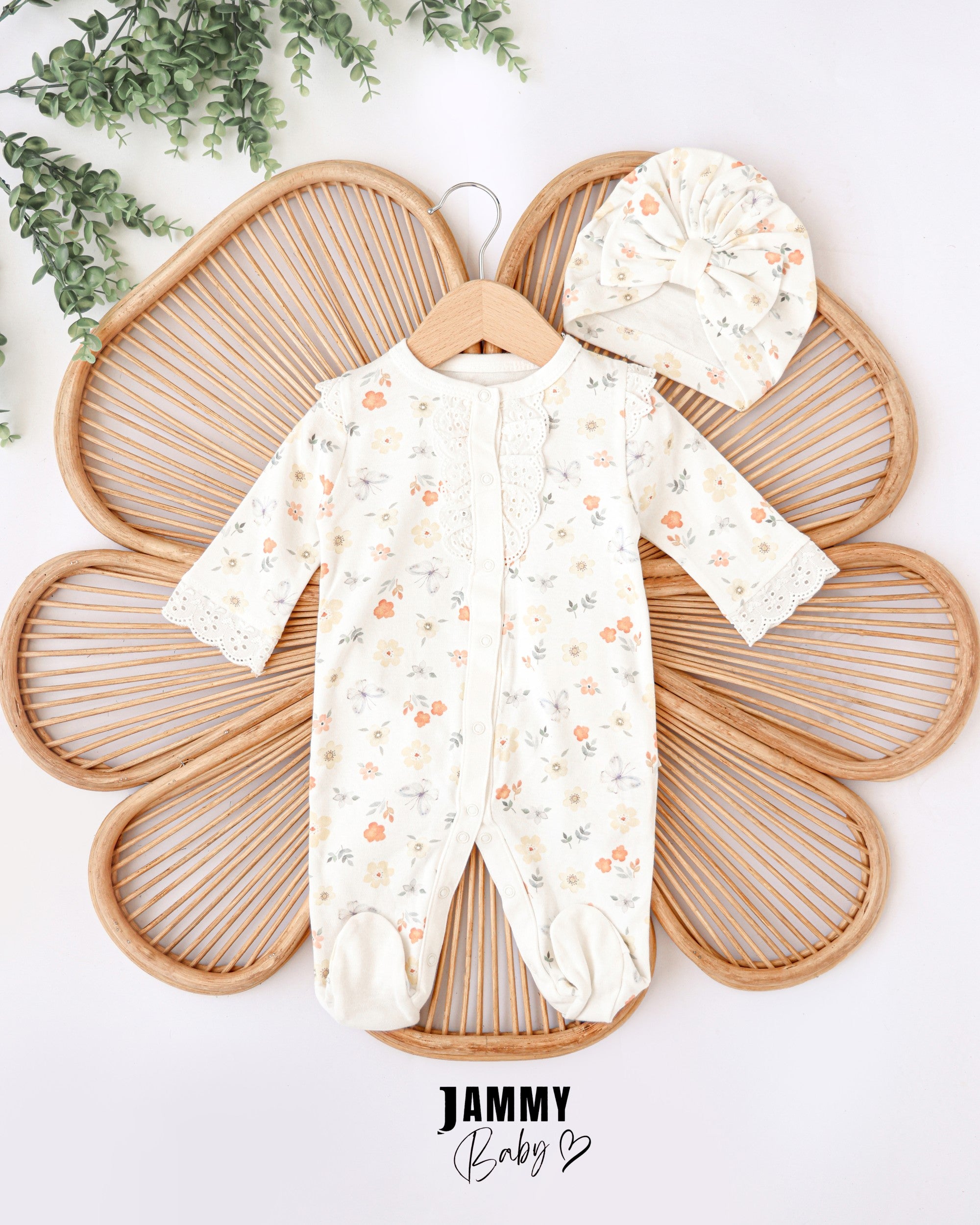 Floral Lace Baby Romper & Turban Set – Ivory
