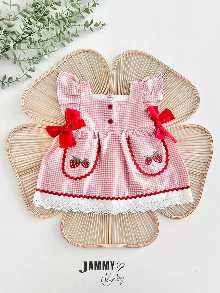 Helen Strawberry Embroidered Gingham Dress with Pocket Detail - PINK
