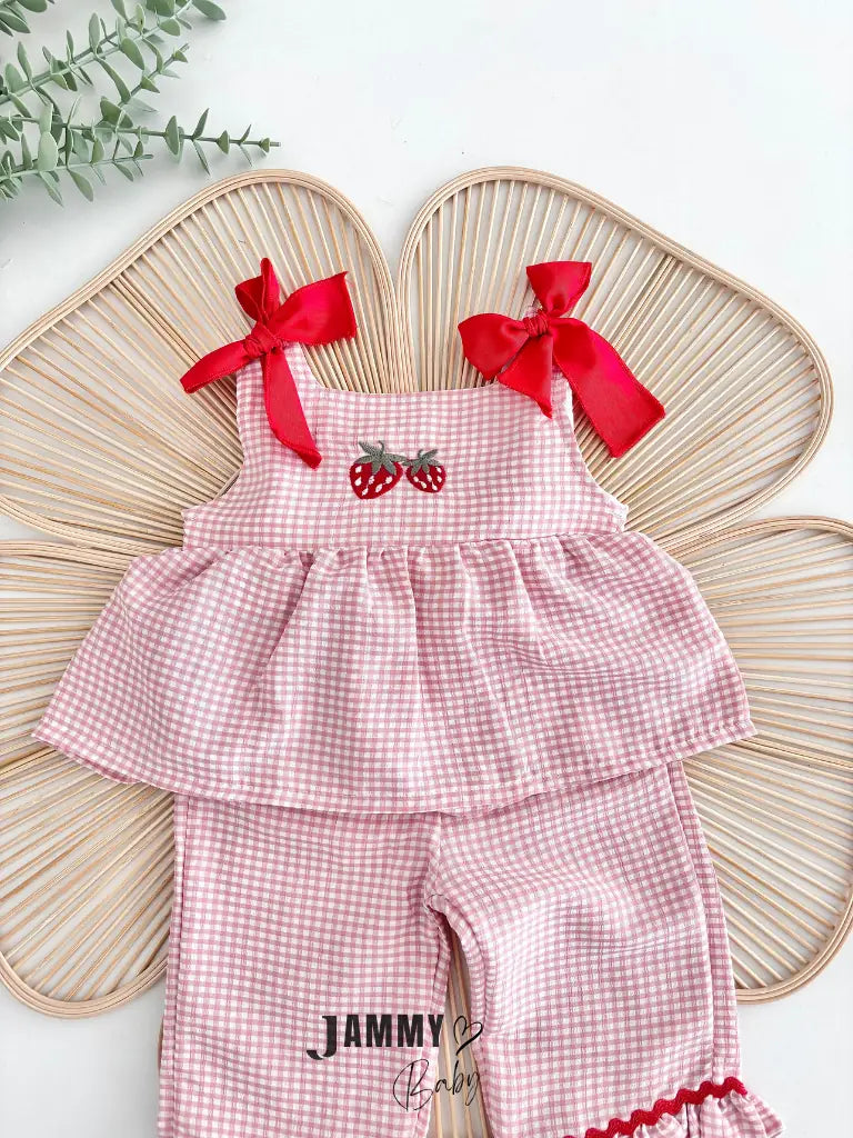 Eleni Strawberry Embroidered Gingham Blouse & Pants Set - PINK