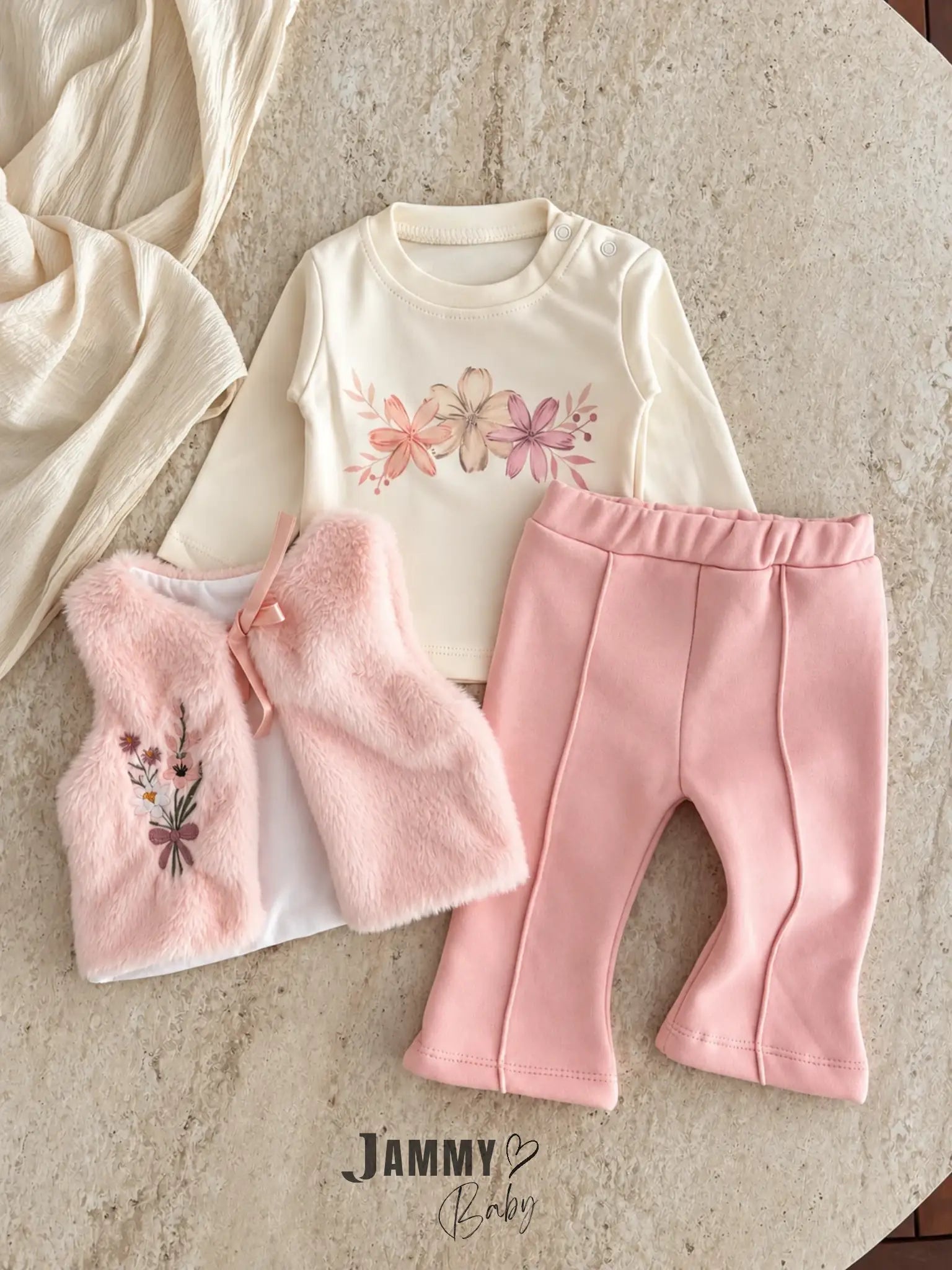 Floral Embroidered Plush Vest & Bodysuit, Pants 3-Piece Set - Salmon
