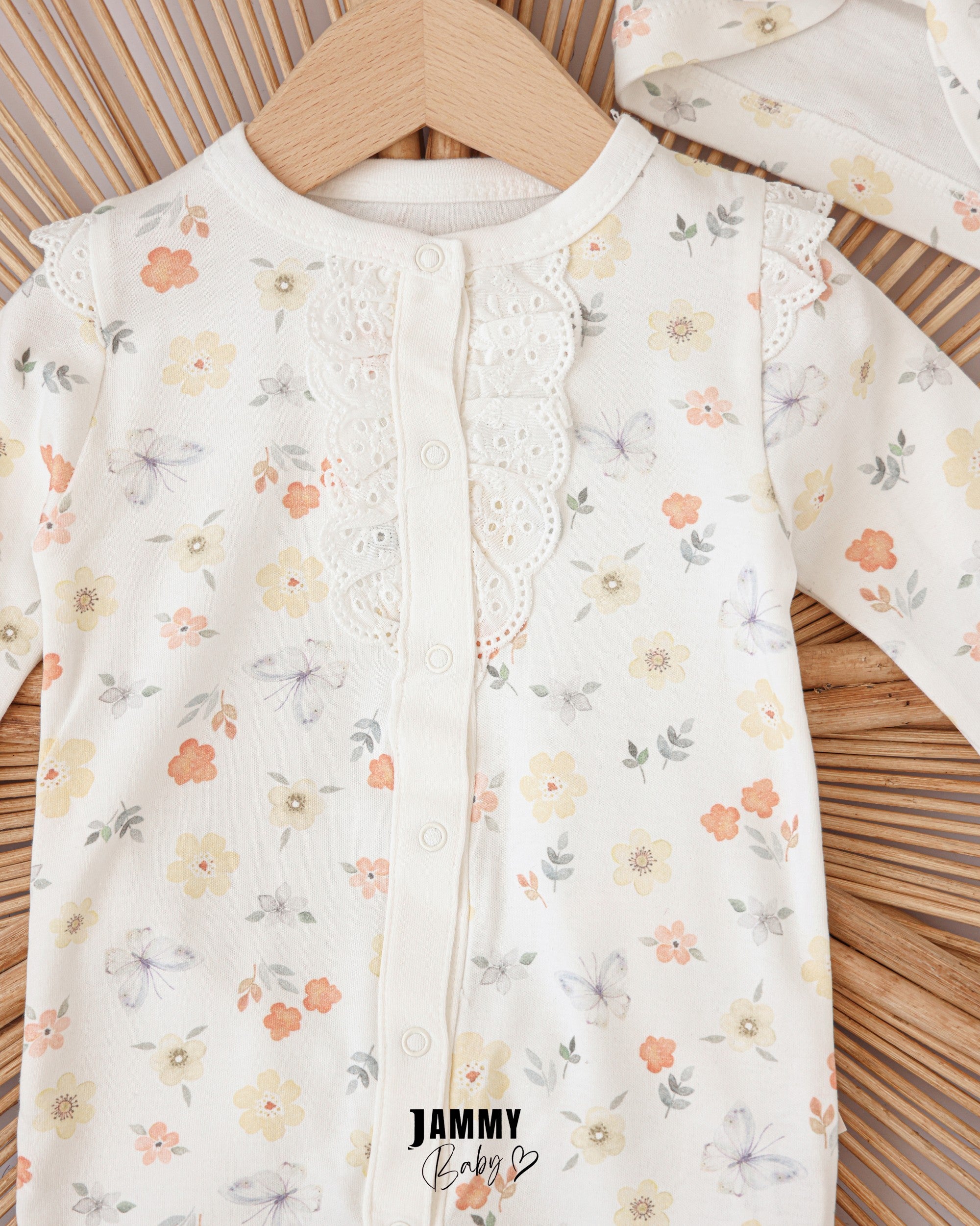 Floral Lace Baby Romper & Turban Set – Ivory