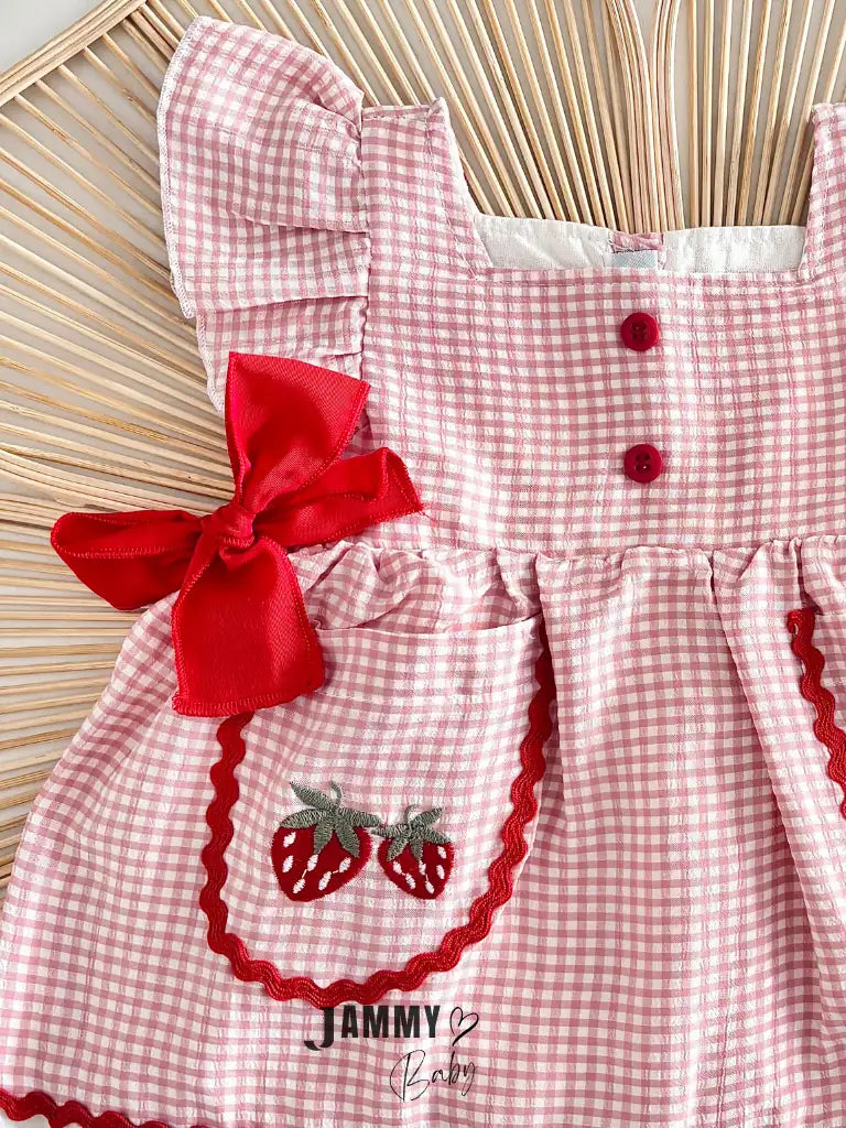 Helen Strawberry Embroidered Gingham Dress with Pocket Detail - PINK