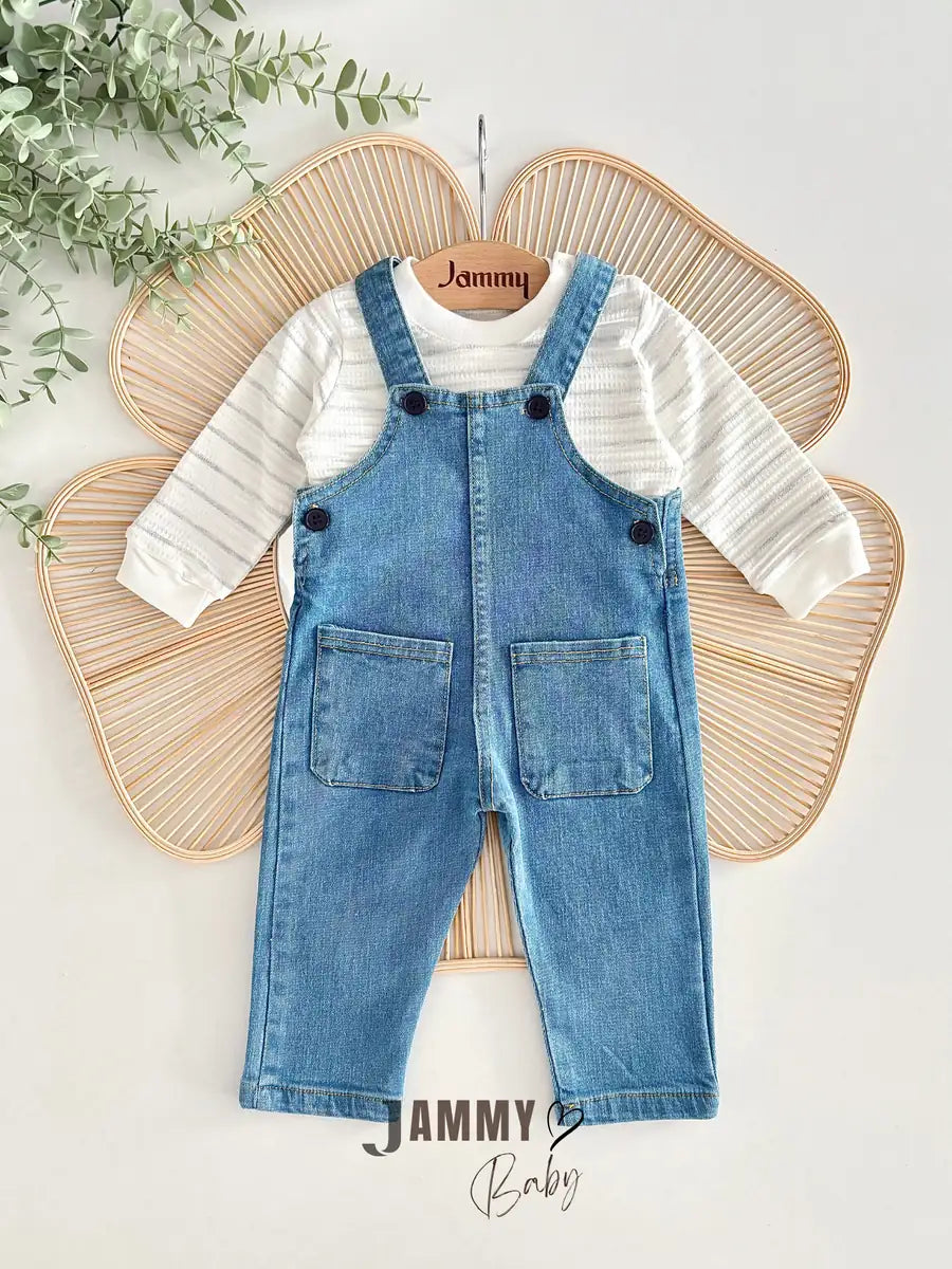 Button-Detail Denim Overall / Striped Bodysuit Set – DENIM
