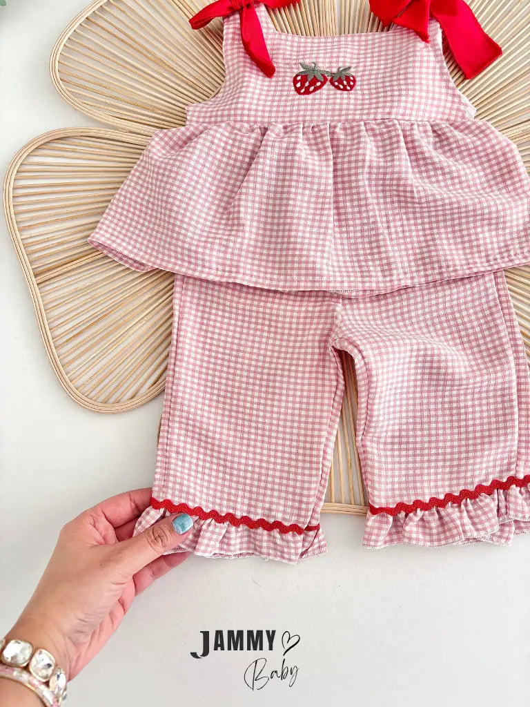Eleni Strawberry Embroidered Gingham Blouse & Pants Set - PINK
