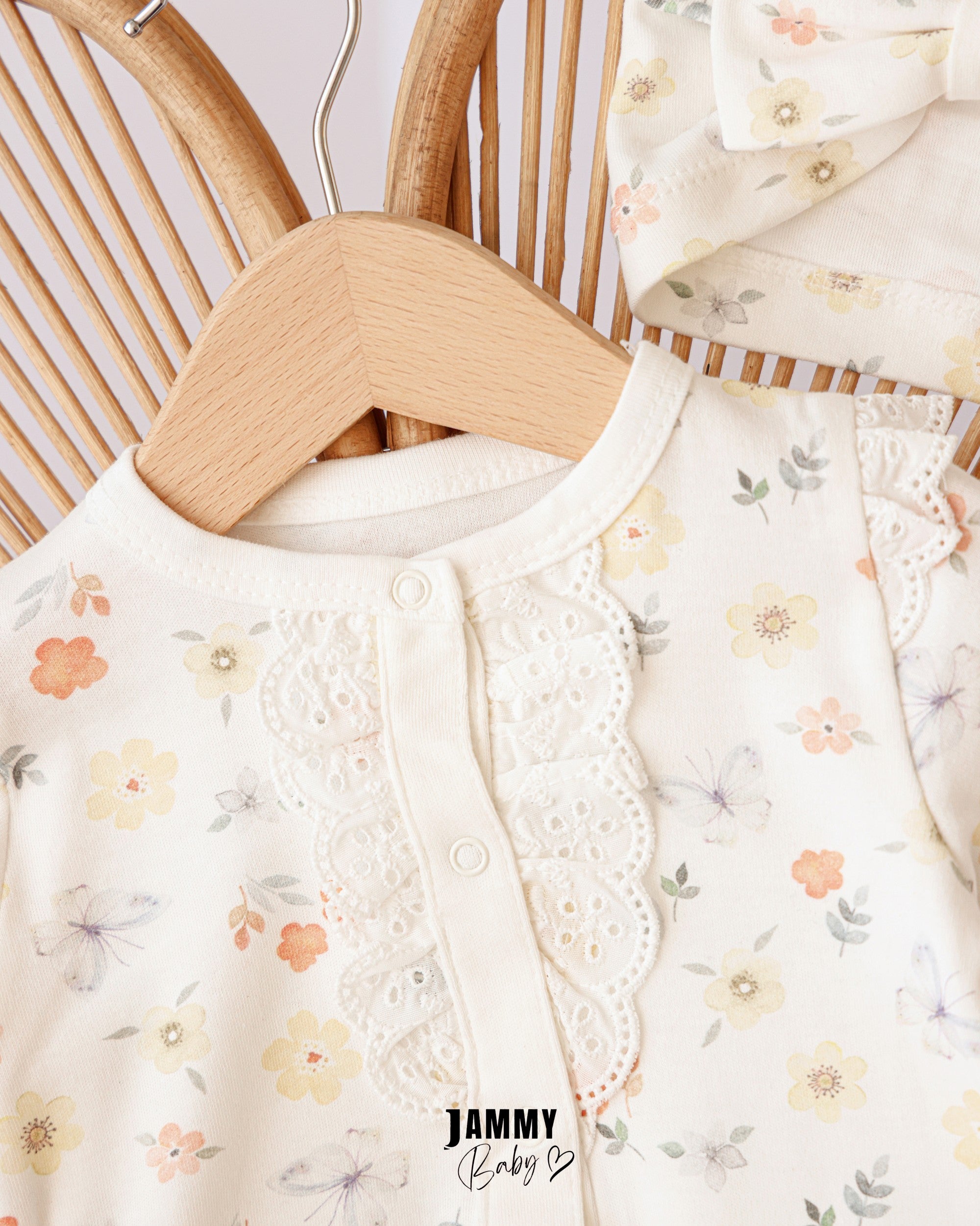 Floral Lace Baby Romper & Turban Set – Ivory