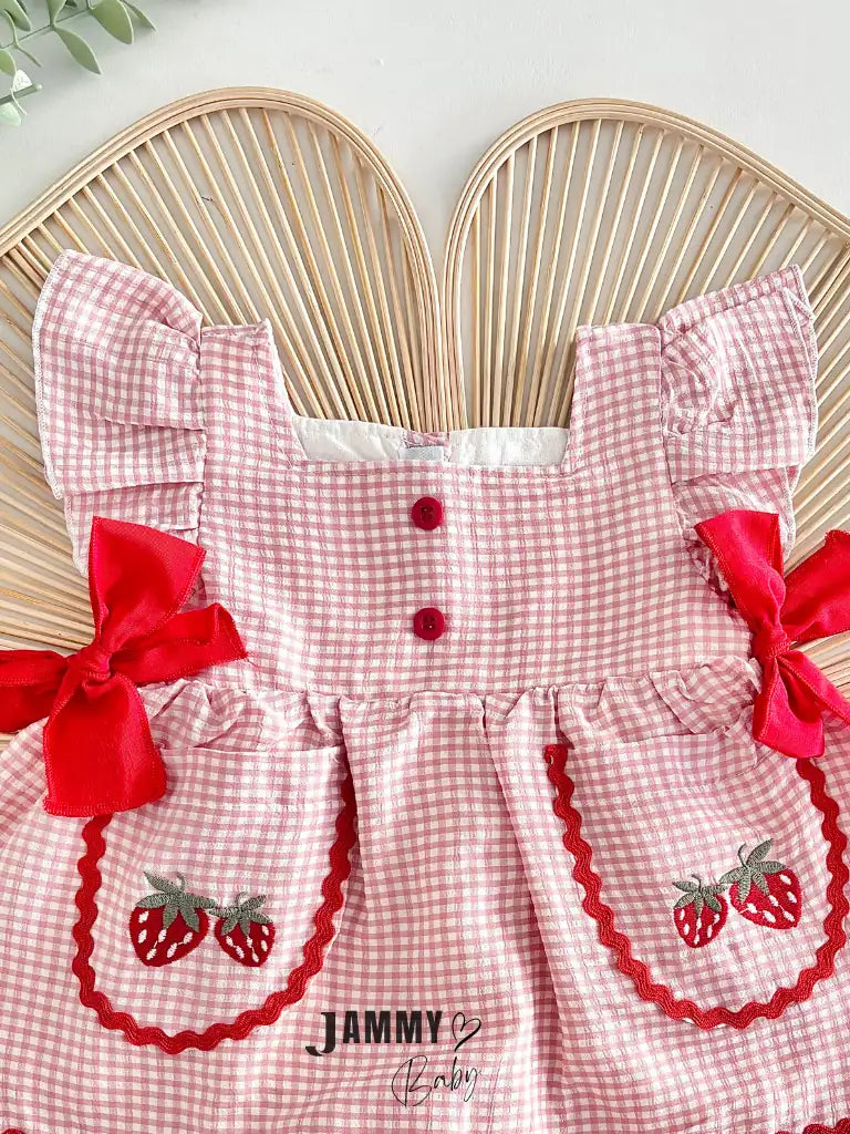 Helen Strawberry Embroidered Gingham Dress with Pocket Detail - PINK